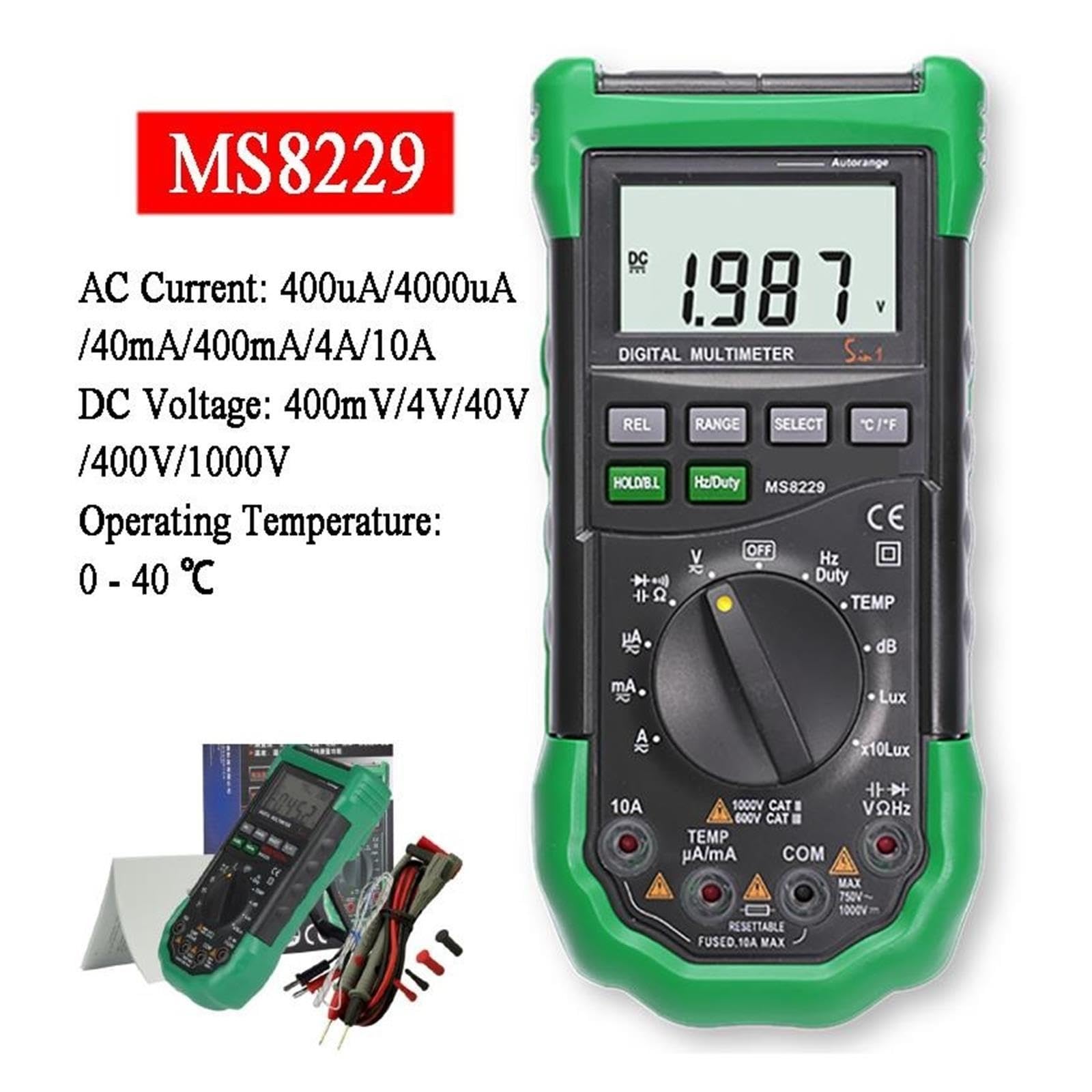 Multímetro Digital MS8229 5 en 1, probador de temperatura y humedad con iluminación de ruido, herramienta de diagnóstico, retroiluminación LCD de rango automático Para bricolaje