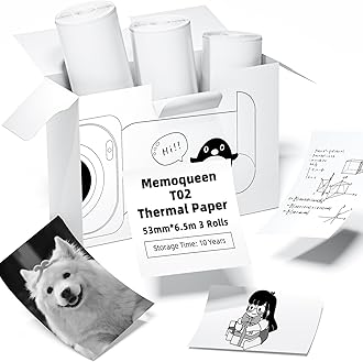Memoqueen T02 White Non-Adhesive Thermal Paper, Non-Sticky Printer Paper for T02 Mini Printer, 2.08" x 21.3'/Roll, Black Text, Keep for 10 Years, Compatible with T02 Sticker Printer, 3 Rolls