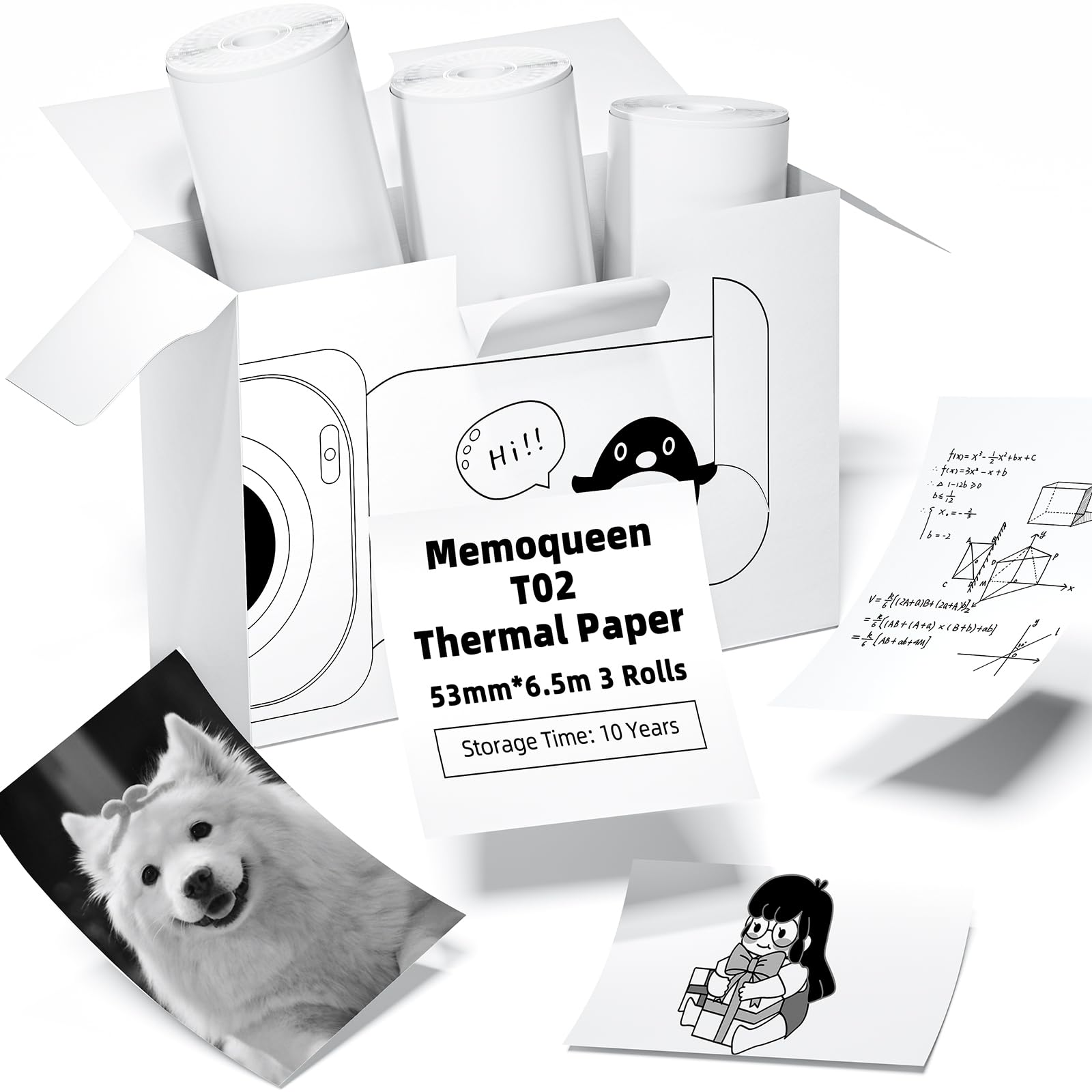 Memoqueen T02 White Non-Adhesive Thermal Paper, Non-Sticky Printer Paper for T02 Mini Printer, 2.08" x 21.3'/Roll, Black Text, Keep for 10 Years, Compatible with T02 M02X M02L Sticker Printer, 3 Rolls