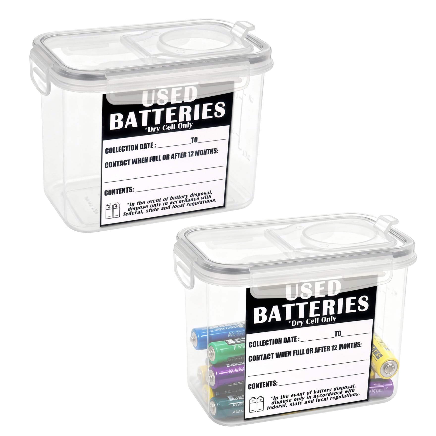Klmnop 2 Pack Battery Disposal Container, 0.34 Gallons Capacity Dry Cell Recycling Bin with 2 Labels for Home Office Use(Clear)