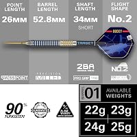 Target Darts Josh Rock Gen 1 acél hegyű darts szett, 90% volfrám, 22-25G, Swiss Point 3