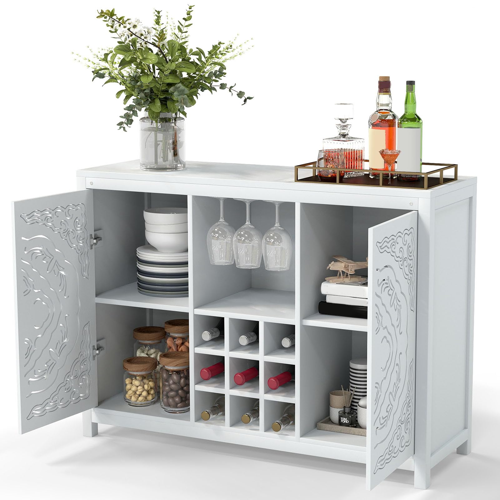 Gecheer MDF Wine Bar Cabinet with Adjustable Display and Storage - Modern Buffet for Dining Room or Kitchen