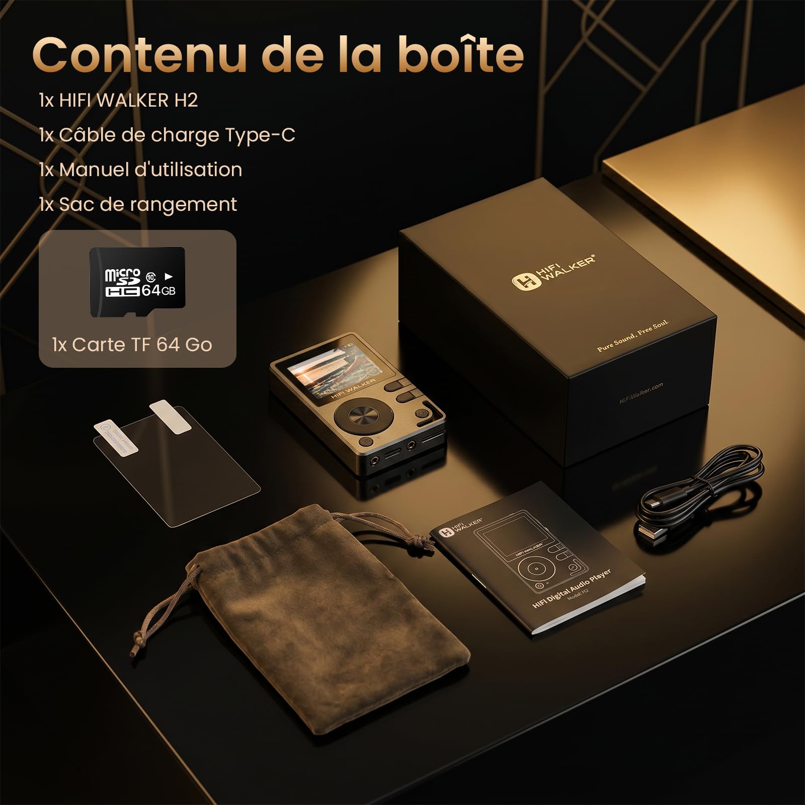 HIFI WALKER H2 Lecteur MP3 Bluetooth Hi-Res, Baladeur MP3 HiFi Audiophile Flac de Musique avec DSD DAC, Lecteur Audio Portable Haute Fidélité de 64 Go, Prend en Charge jusqu'à 512 Go