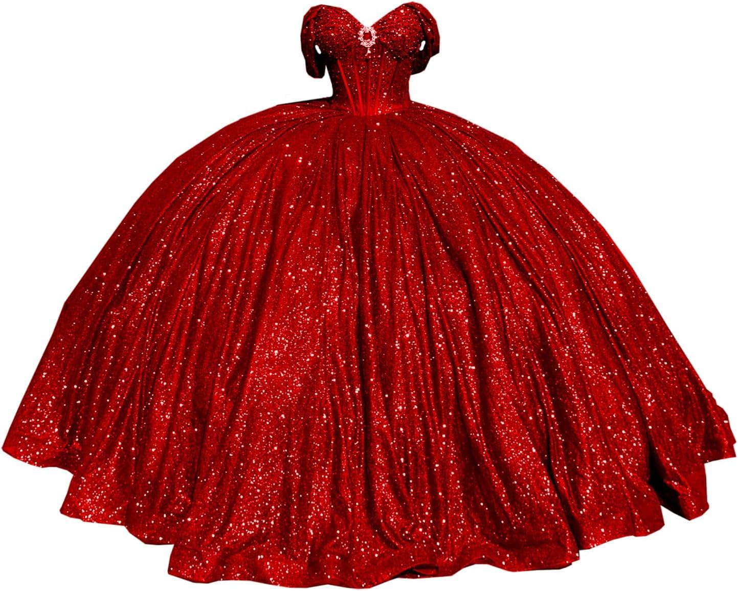 Yifanier Sparkly Beaded Quinceanera Dress with Train Puffy Ball Gown Glitter Long Ball Gowns Sweet 15 16 Dresses MT007 Red
