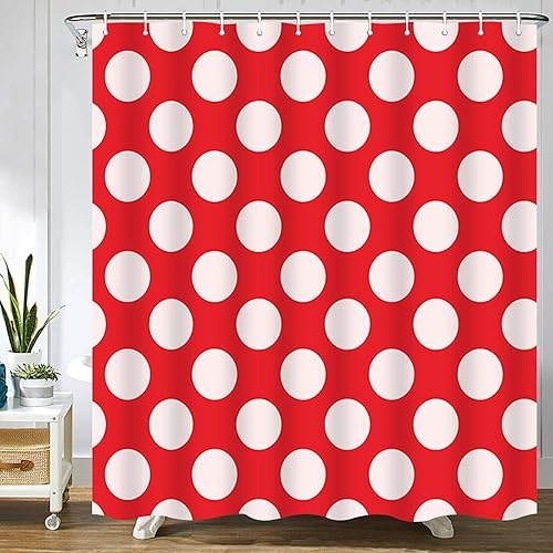 Juego de cortinas de ducha con diseño de lunares, color rojo y blanco