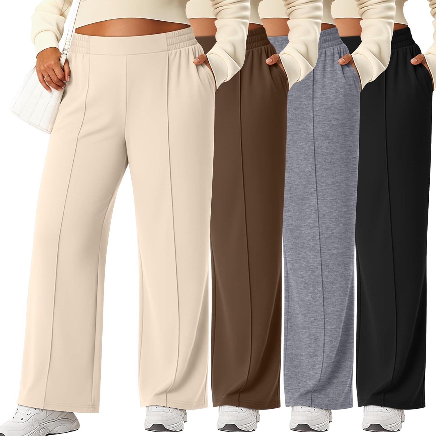 Neer 4 Pack Women's Plus Size Lounge Pants, High Waisted Wide Leg Front Seam Sweatpants Yoga Casual Baggy Pants with Pockets
