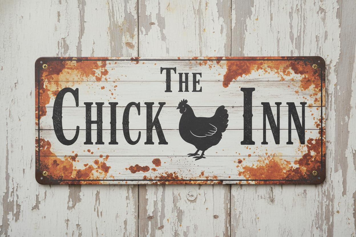The Chick Inn Metal/tin Sign Chicken Coop Decor Rustic Rooster/hen House Decoration Primitive Country Farmhouse Home Decor Wall Art Sign 8x12Inch (chicken) Vintage Signs Aluminum Plates Printed