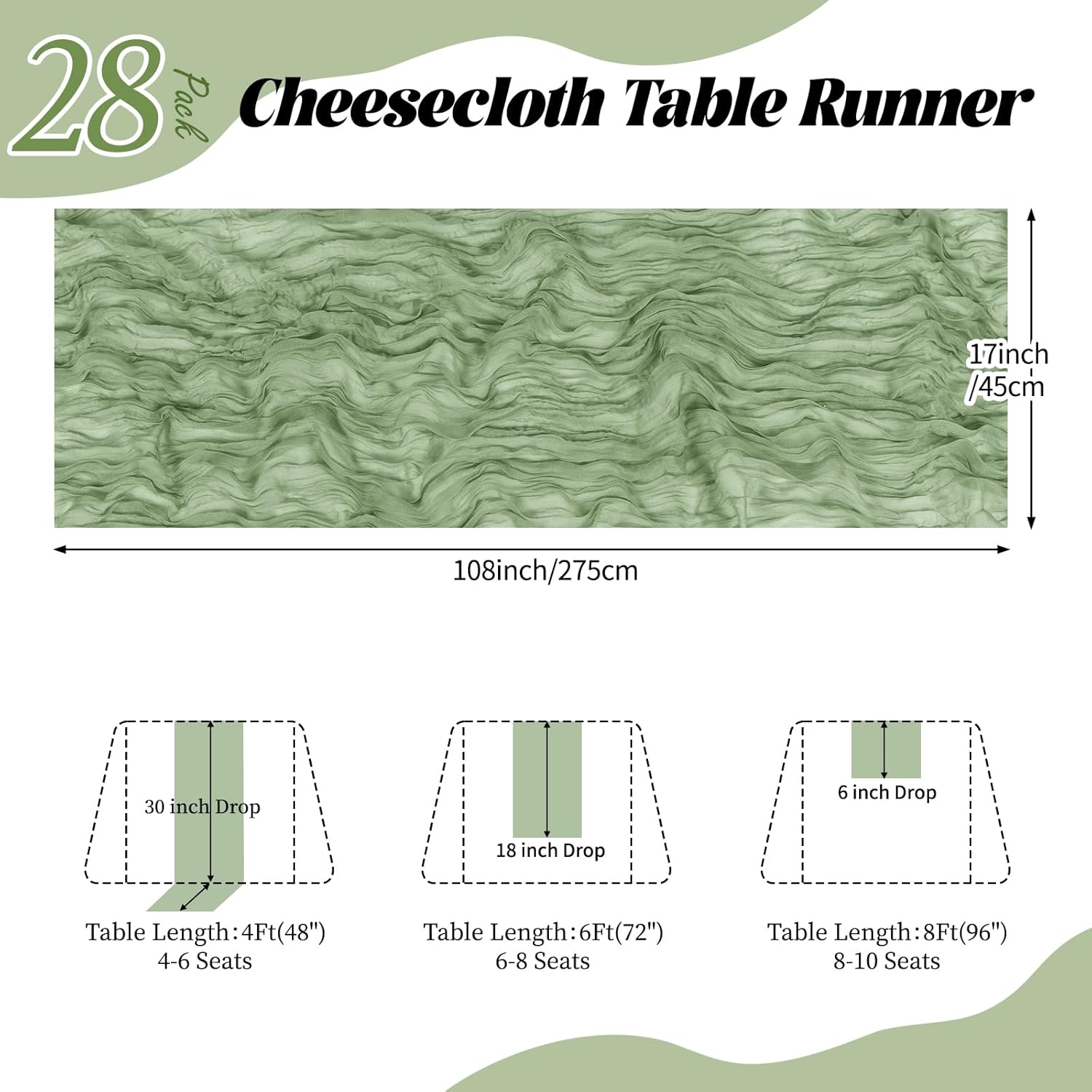 28 Pack Sage Green Cheesecloth Table Runner 17x108 Inch Semi Sheer Boho Gauze Cheese Cloth Fabric Table Runners, for Wedding Party Baby Shower Birthday Home Decor Garden Farmhouse