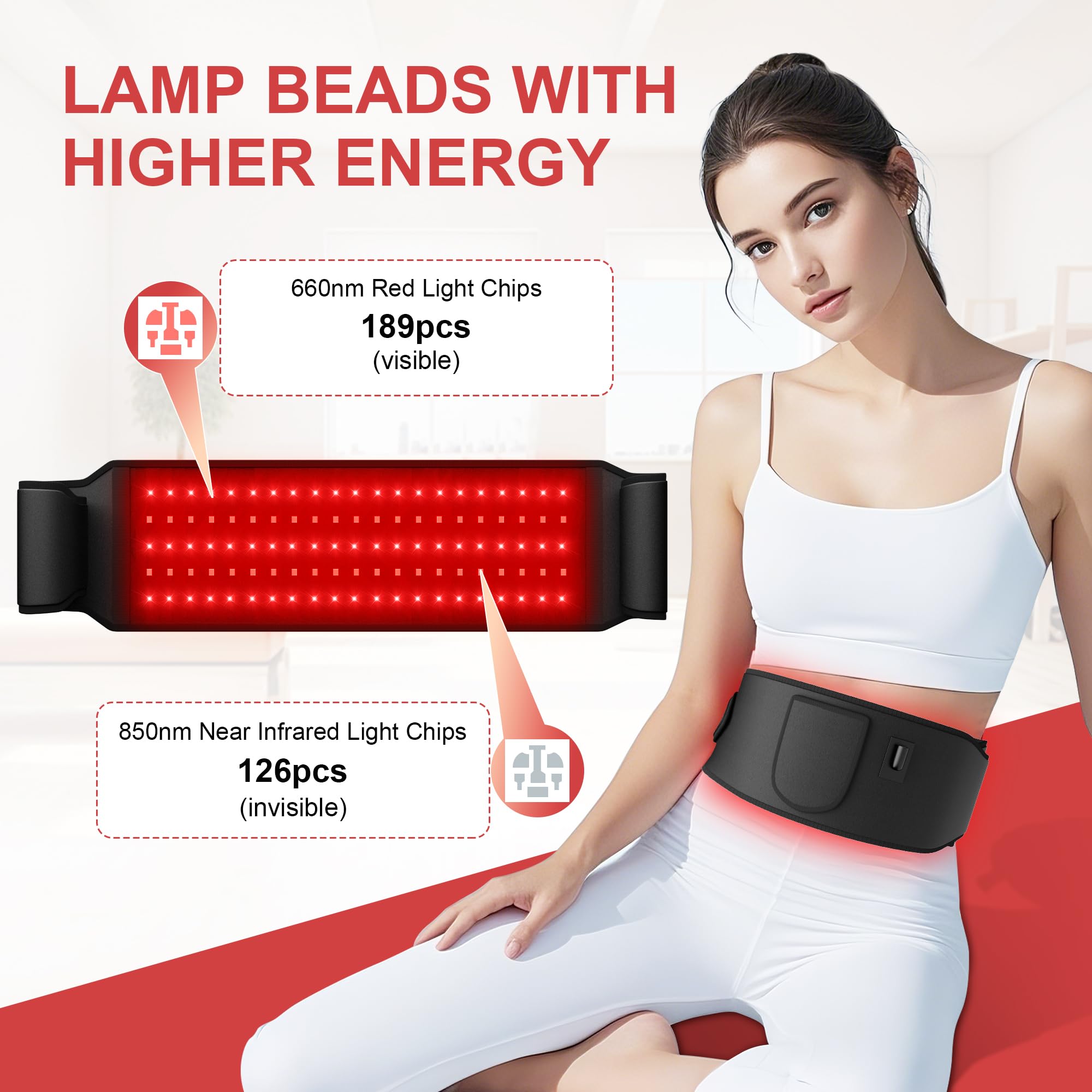 Terapia de luz roja para cuerpo: 5 niveles de luz, luz infrarroja, terapia de calor, cinturón para espalda, cintura, músculos, alivio del dolor, cuentas LED de 660 nm y 850 nm, dispositivo de terapia