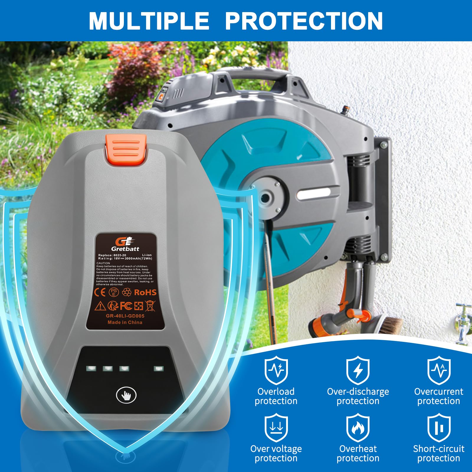 Batteria di ricambio da 18V 3,0Ah per Gardena 18V batteria 008A231 per Gardena 8025-20 Comfort Box 35 avvolgitubo elettrico automatico Li