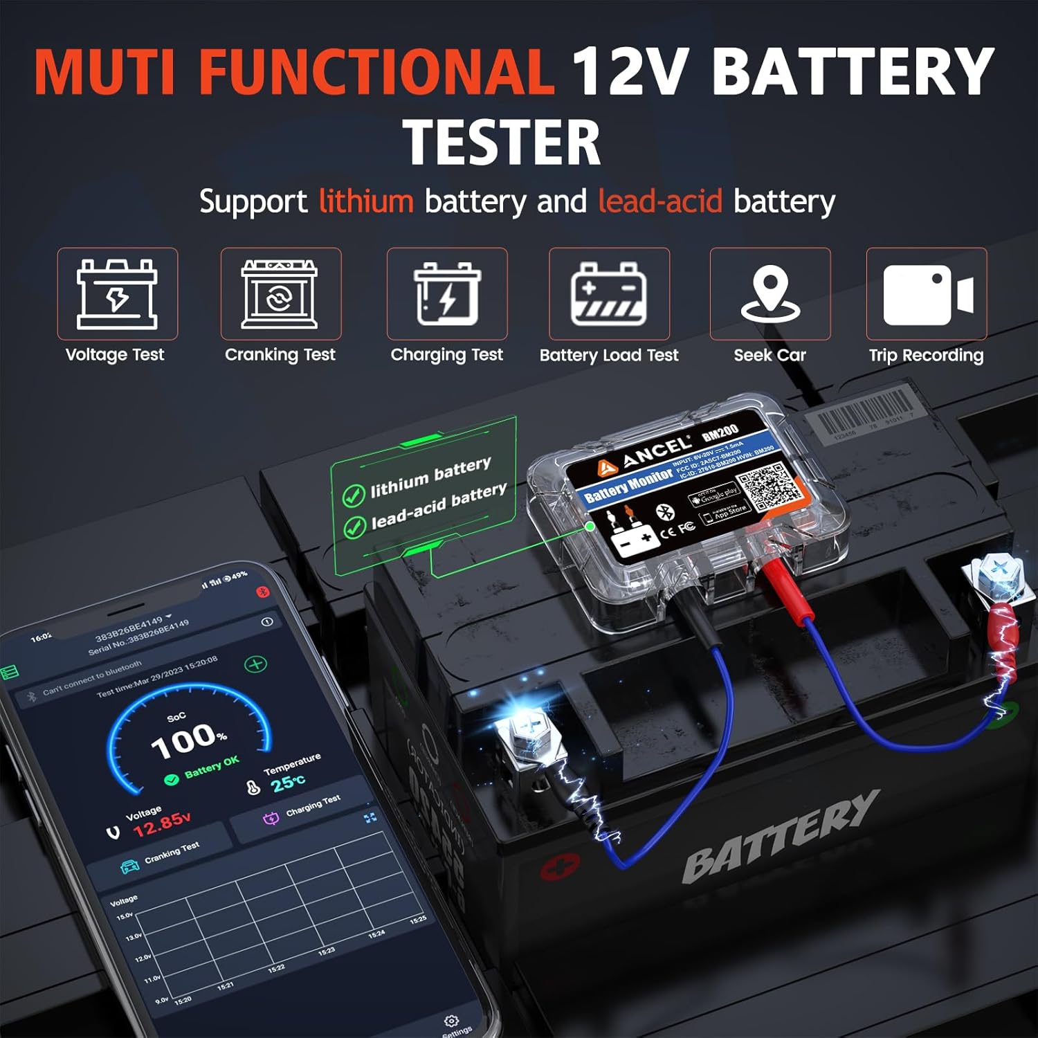 A smartphone screen displaying the ANCEL BM200 app interface, showing battery voltage, state of charge, temperature, and options for various tests, with the BM200 device connected to a battery.