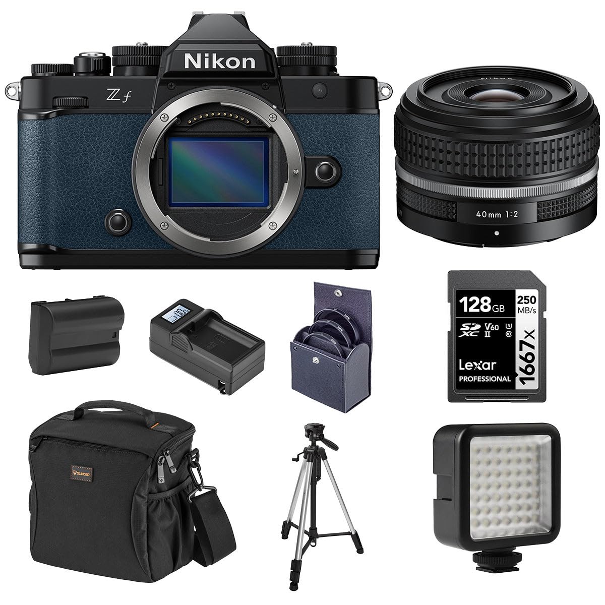 Nikon Z f Mirrorless Camera, Blue with NIKKOR Z 40mm f/2 SE Lens, Bundle with Battery, 128GB Memory Card, W49 Mini LED Light and Tripod