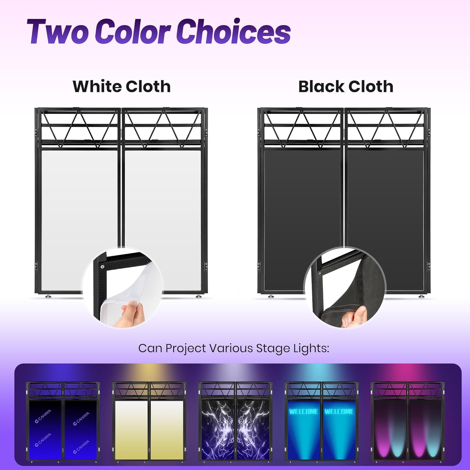 CAHAYA DJ Booth Stand Portable - DJ Table Facade for Laptop Double Top Storage Height Adjustable with Black & White Scrims DJ Stand Foldable with Storage Bag, Cable Holes, 40.7" L x 19.7" W, Black