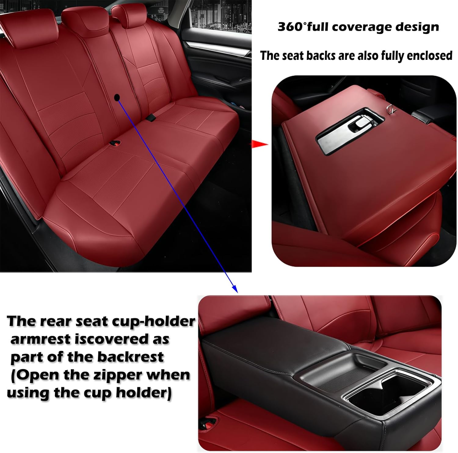 HKZ Custom Fit Accord Car Seat Covers for Honda Accord 2018 2019 2020 2021 2022 LX (Rear Row W/Solid Folding Backrest) - 5-Seats Full Set, Leather (Burgundy)