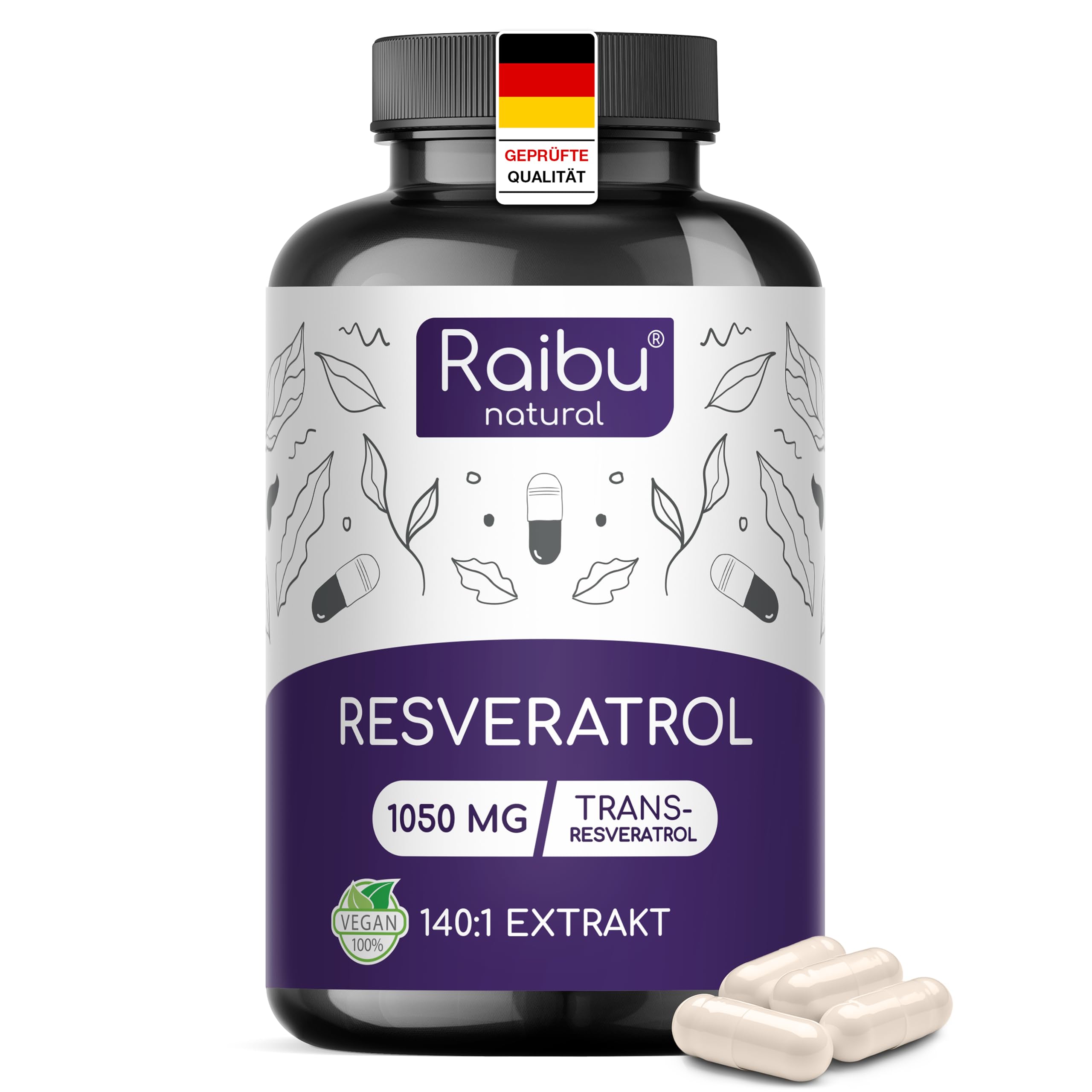 Resveratrol hochdosiert - 1050  mg (98%) Trans-Resveratrol pro Tag - 140:1 Extrakt (=147.500 mg japanischer Staudenknöterich Wurzel je Tagesdosis) - 60 Kapseln, vegan & ohne Zusatzstoffe