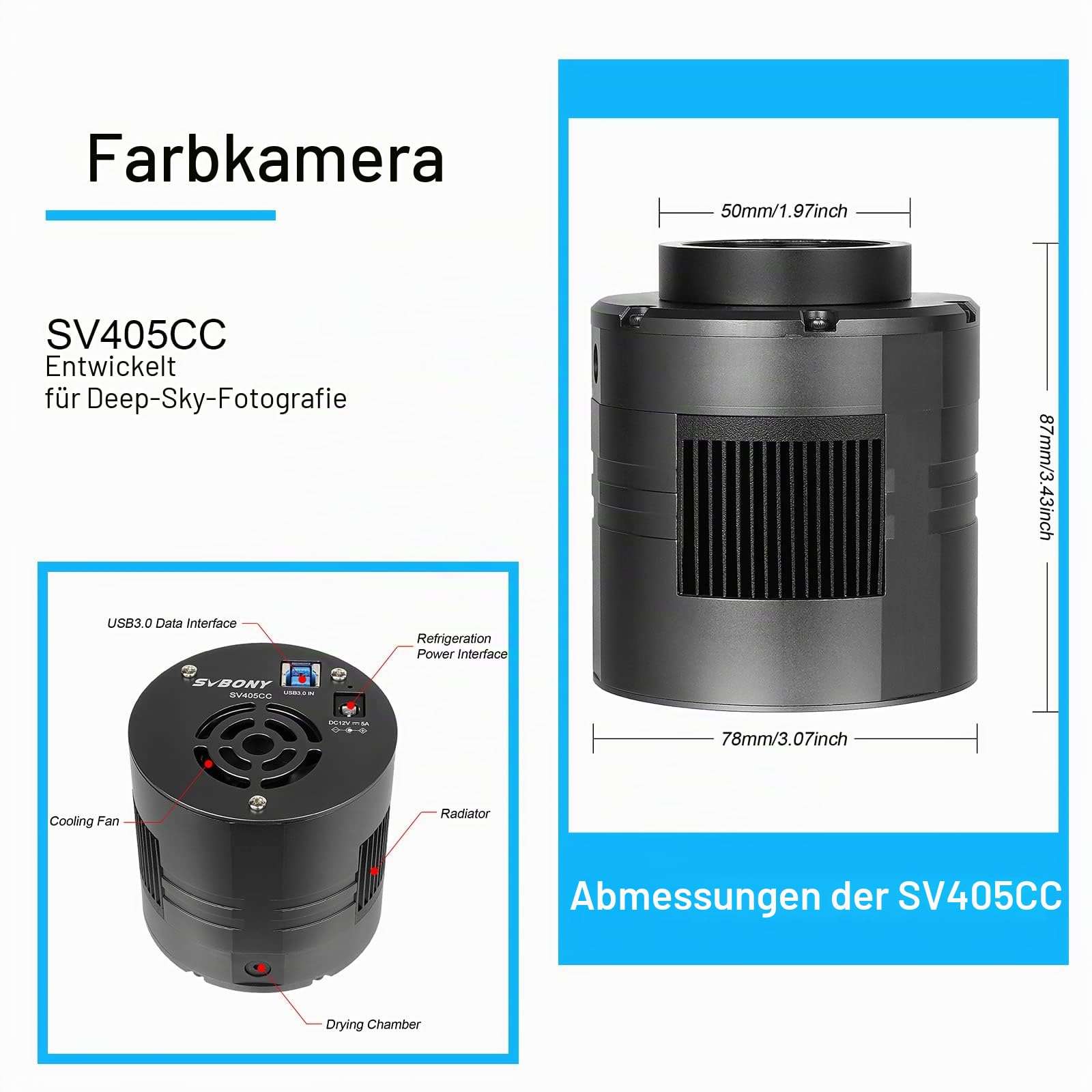 SVBONY SV405CC Deep Sky Kameras, TEC Farb Astrokamera Gekühlt OSC, 11,7 MP IMX294 CMOS USB3.0 AR Beschichtete Astronomiekamera, Teleskop Okular Kamera für Deep Sky Astrofotografie