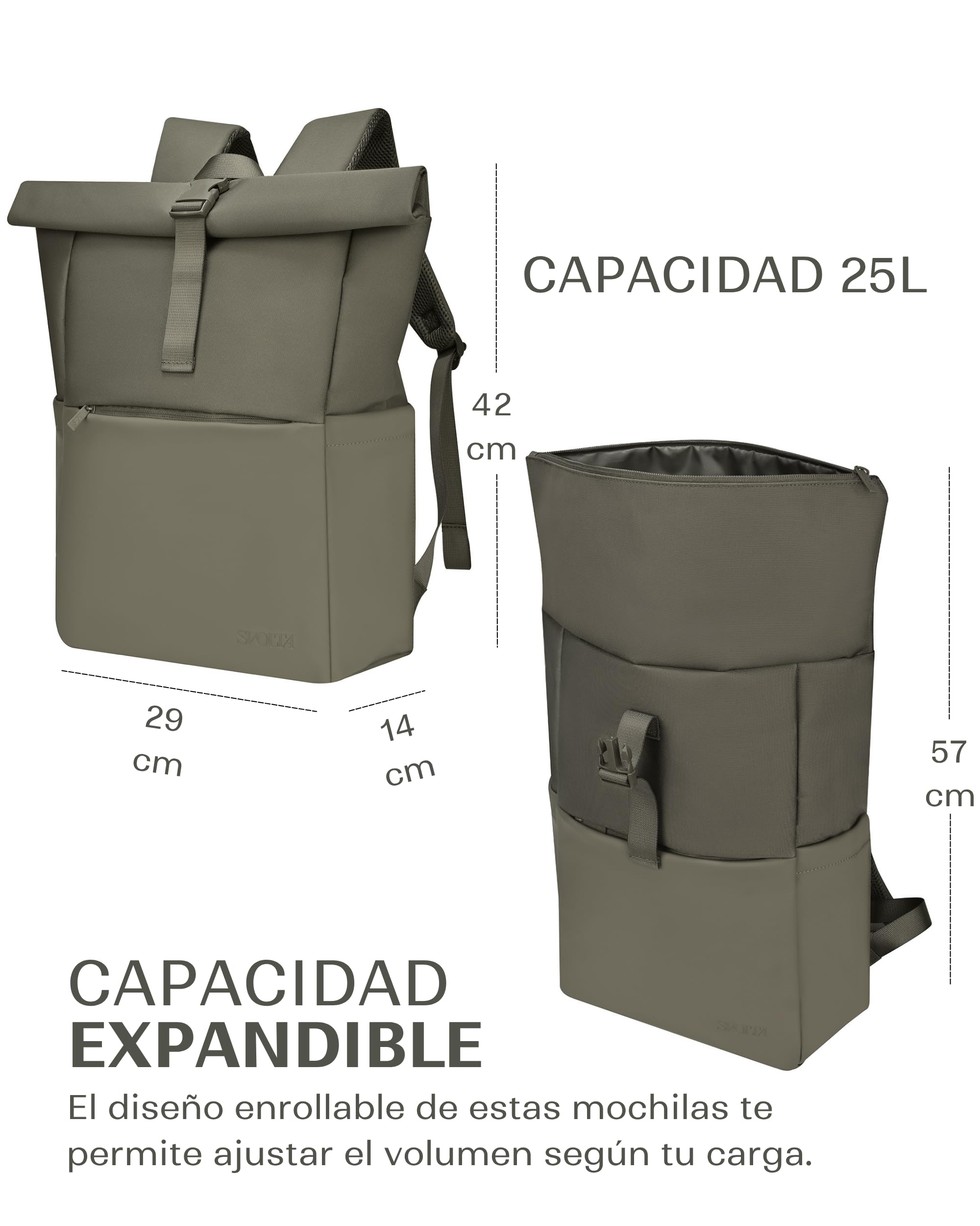 SVOLTA Mochila Portátil Mujer y Hombre, Bolso Enrollable Negro 25L