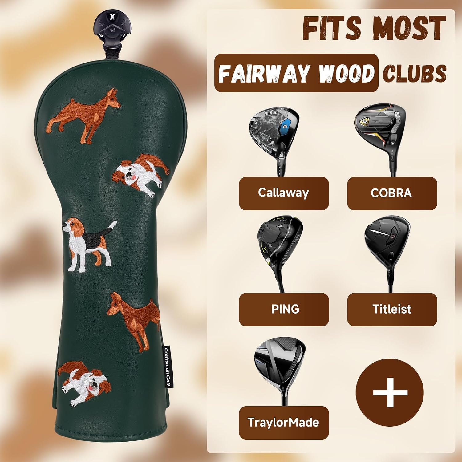 Craftsman Golf PU Leather Dog Embroidery 460cc Driver Headcover Fairway Wood Hybrids Putter Cover Cute Chocolate Lab Border Collie Beagle