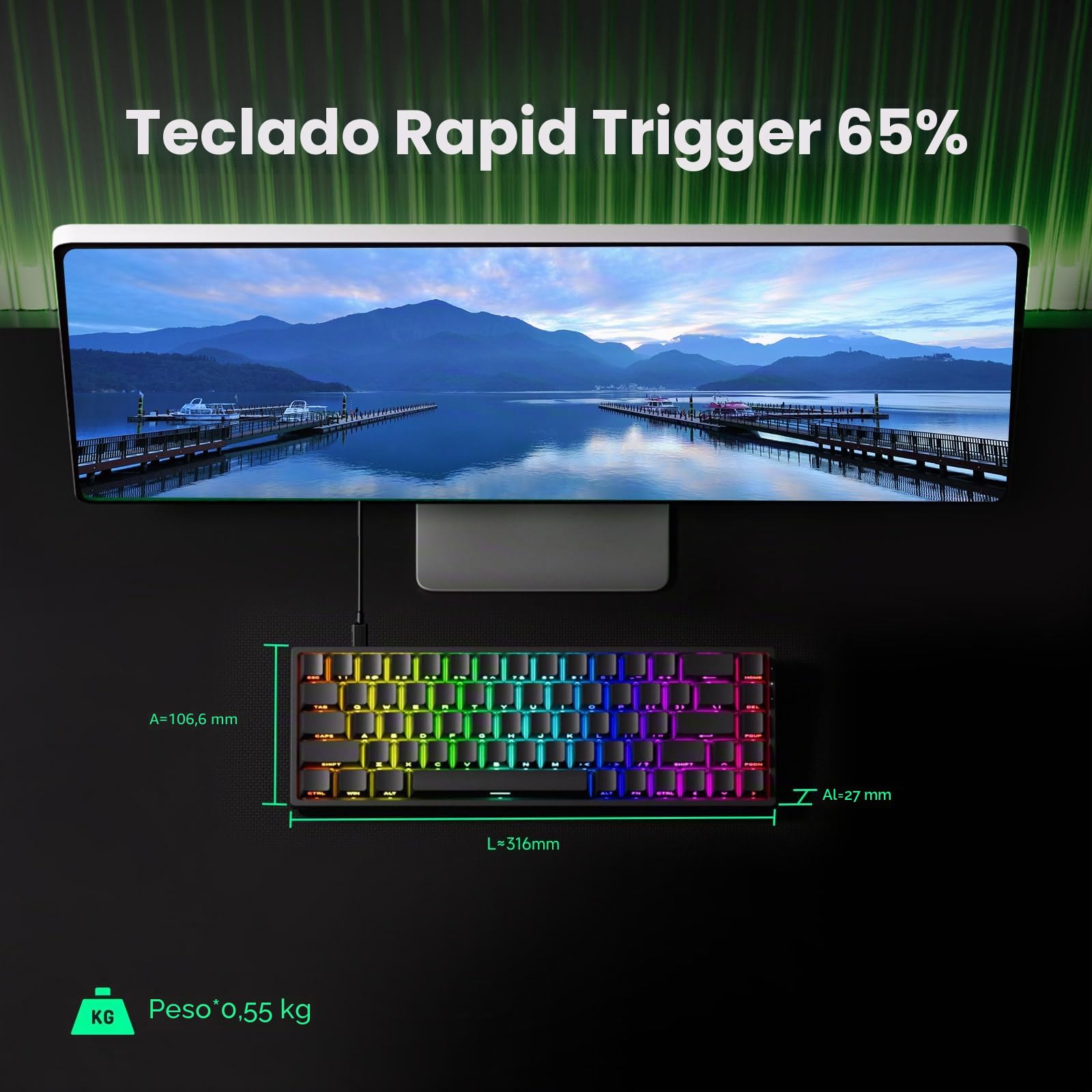 MONSGEEK FUN68 HE Teclado 65% Switch Magnético Rapid Trigger Cable | Teclado Gaming Negro Hall Effect, 8000Hz, Precisión RT0.005mm, Activación Ajustable Gaming y Trabajo