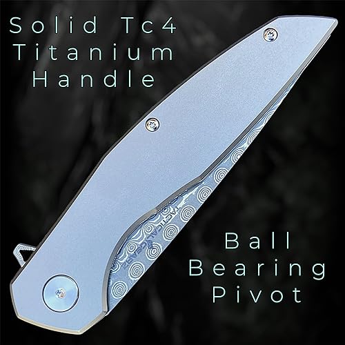 Miniatura 4 de TACTICAL GEARZ Cuchillo plegable de bolsillo de Damasco para EDC! Mango de titanio. Hoja de acero de Damasco de 67 capas múltiples con núcleo VG10