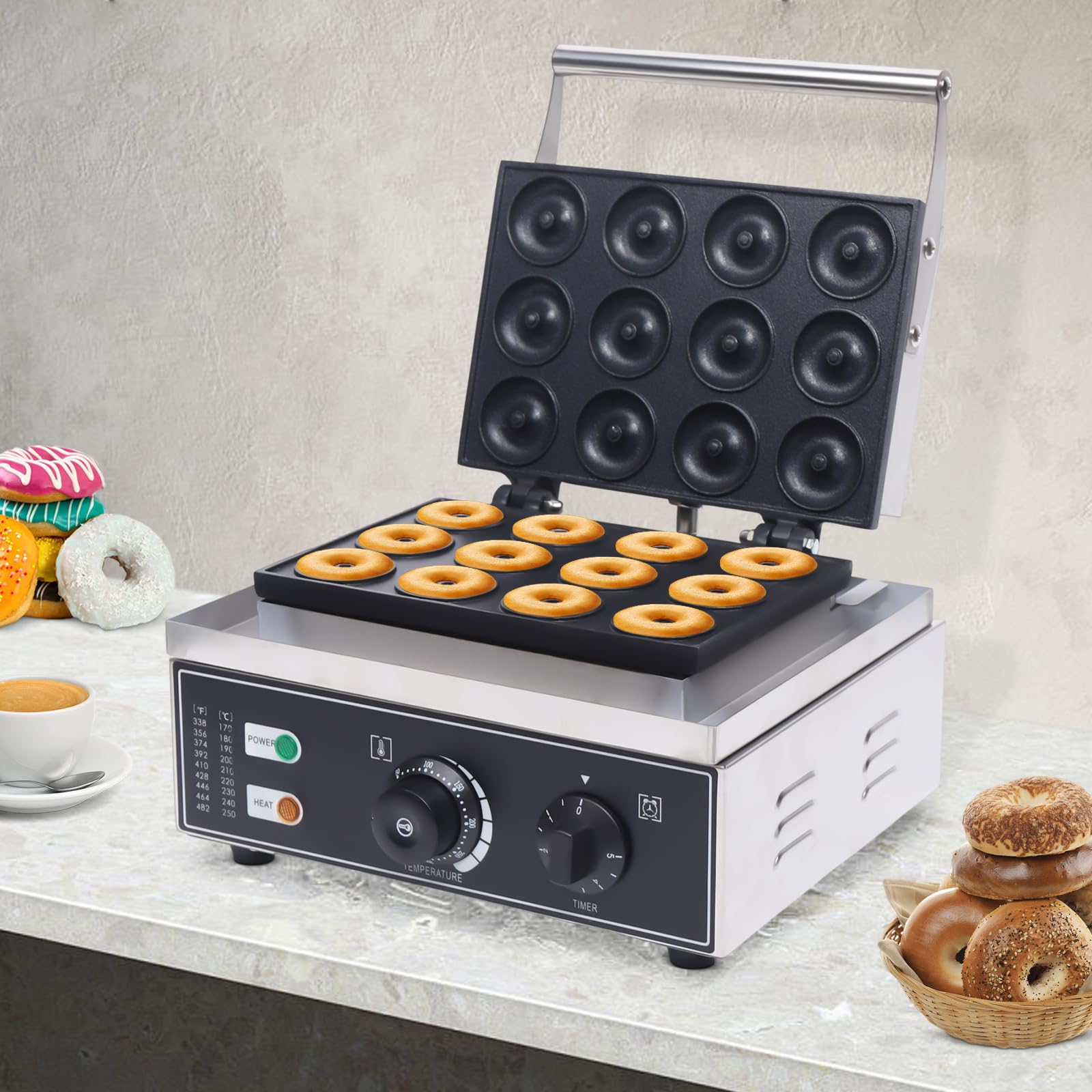 FXEIPOL Donut Maker Machine 12 PCS Commercial Donut Machine Doughnut Baker Electric Doughnut Baker Maker Machine with Foot Pad Mini Doughnut Maker for Party, Home