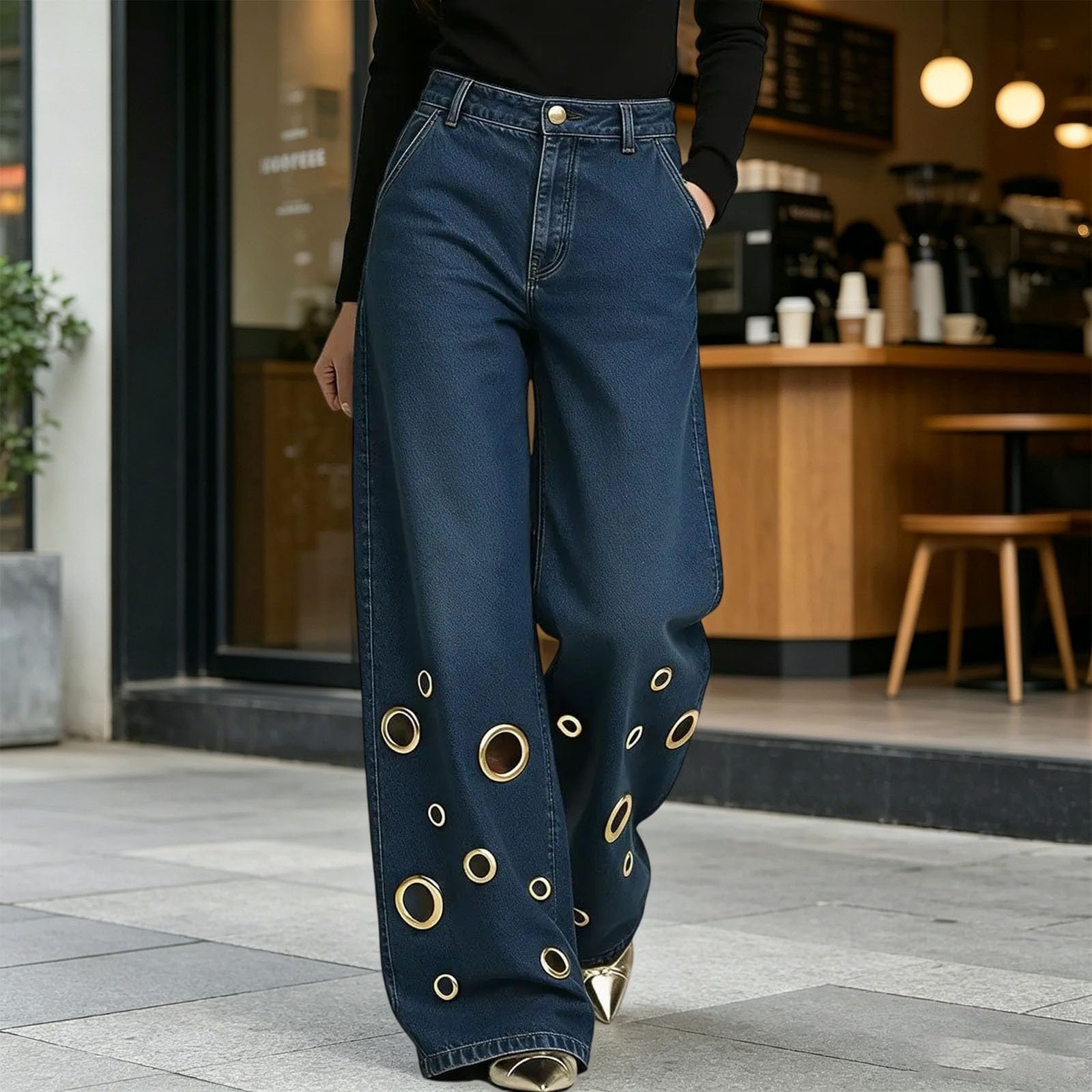 Abbigliamento Tumbler in vita, gamba larga, jeans alla moda con occhielli e