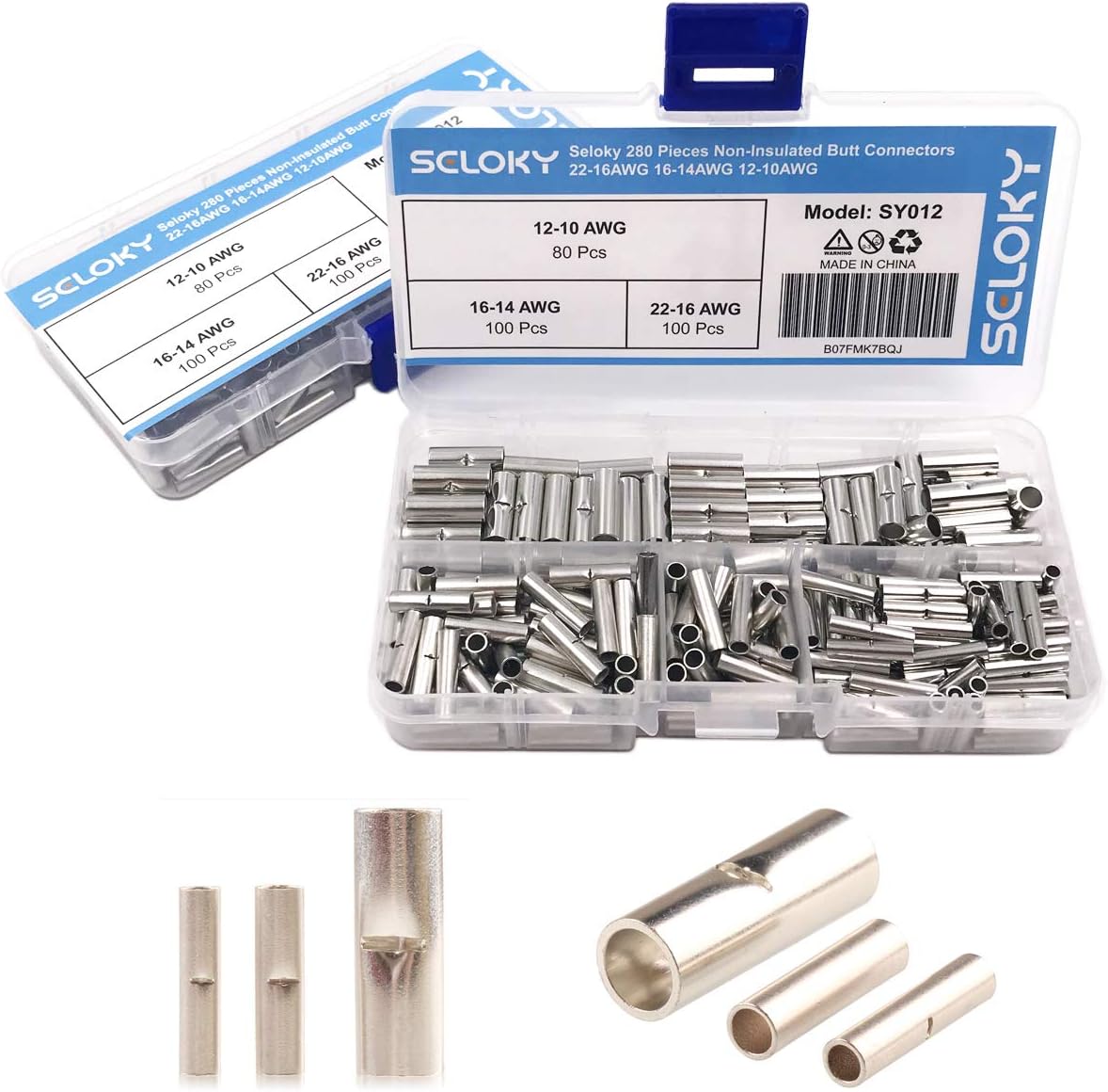 Seloky 280 Pieces Non-Insulated Butt Connectors Non-Insulated Wire Ferrule Cable Crimp Terminal Kit for Electrical Splice DIY（22-16AWG 16-14AWG 12-10AWG）