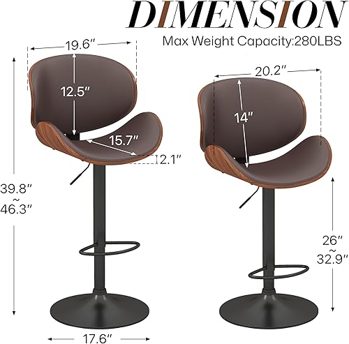 Miniatura 3 de KCC Juego de 2 taburetes de bar giratorios de altura ajustable, sillas de bar tapizadas de piel sintética con reposapiés, taburete de bar de madera
