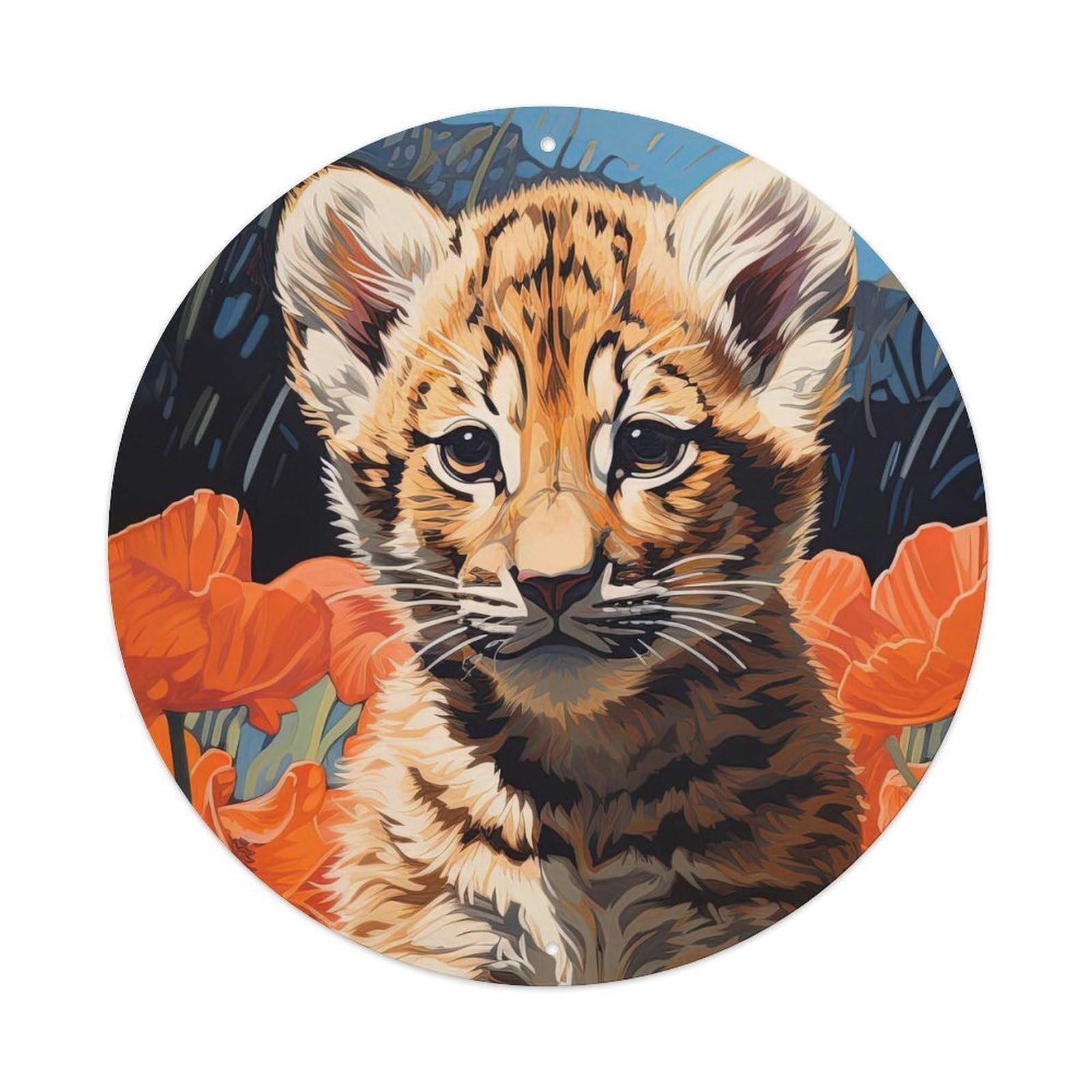 Animal Art Tiger Cub in The Flowers Metal Tin Sign