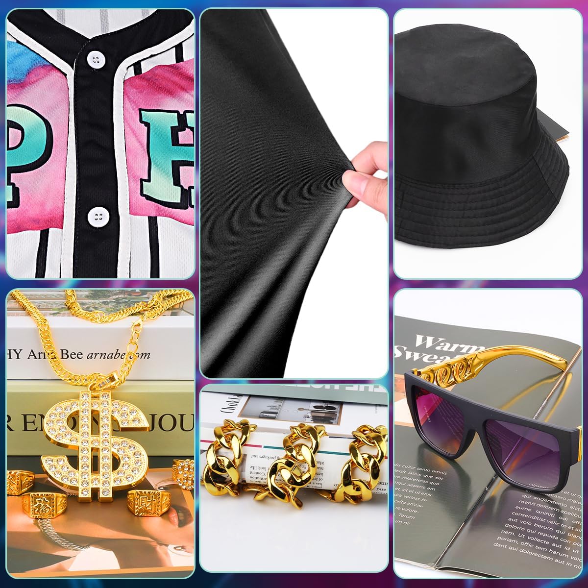 80s 90s Outfit for Men, Hip Hop Costume Baseball Jersey Shirt Shorts Rapper Accessories 1990s Party Costume - Image 5