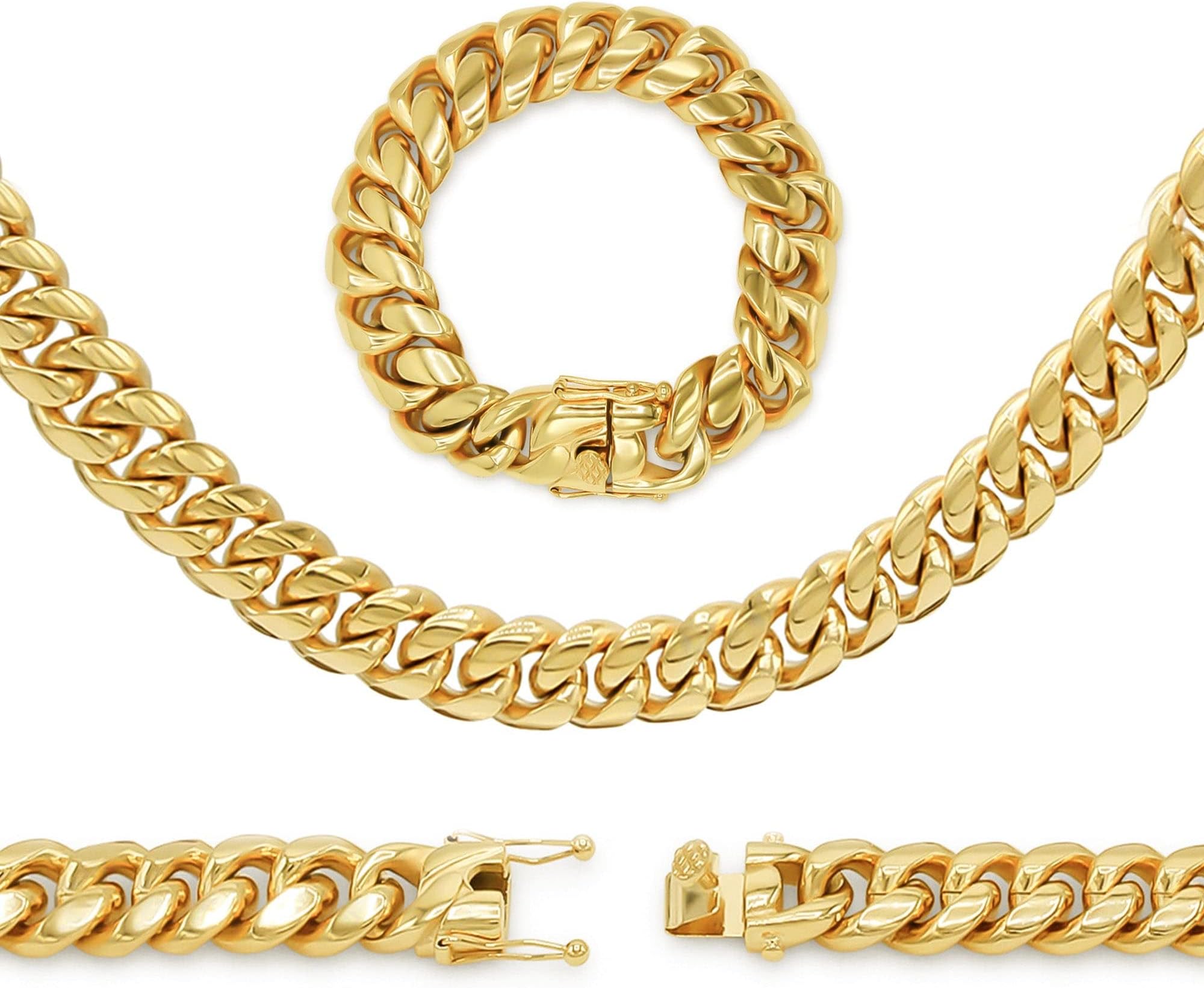 BEBERLINI Cuban Link Chain 14K Gold Plated Curb Necklace 30" Bracelet 8.5" 9" Stainless Steel Fashion Jewelry for Men 5 mm - 18 mm