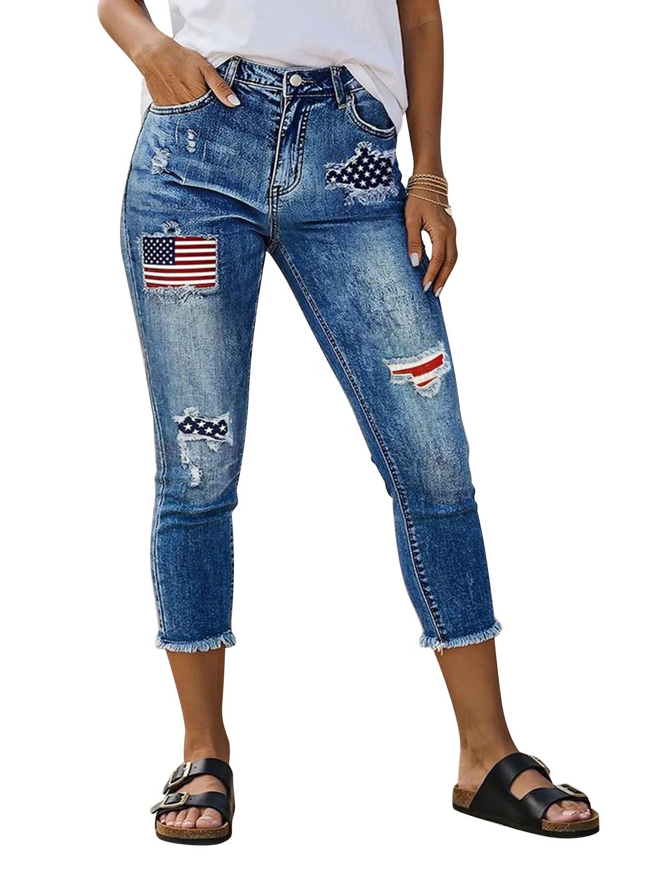 Flamingals Mid Rise Capri Skinny Crop American Flag Jeans