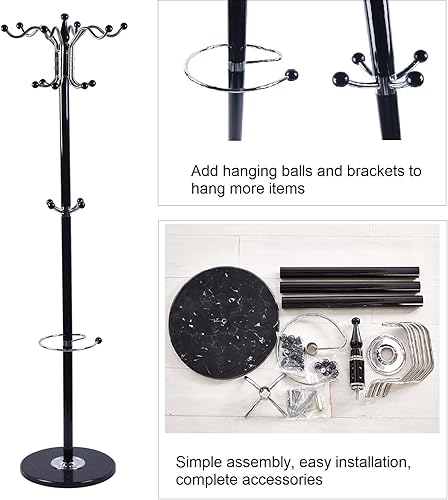 Miniatura 8 de OUKANING Perchero de metal de pie con 16 ganchos, soporte organizador de bolsas para sombrero, base de mármol para entrada, pasillo, dormitorio,