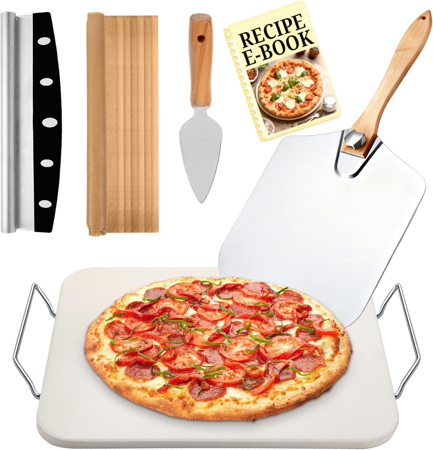 Pizza Stones Set - 15 x 12 Inch Large Pizza Stone for Oven and Grill Durable and Safe Baking Stone Thermal Shock Resistant Cooking Stone with Stainless Steel Pizza Peel Paddle & Cutter