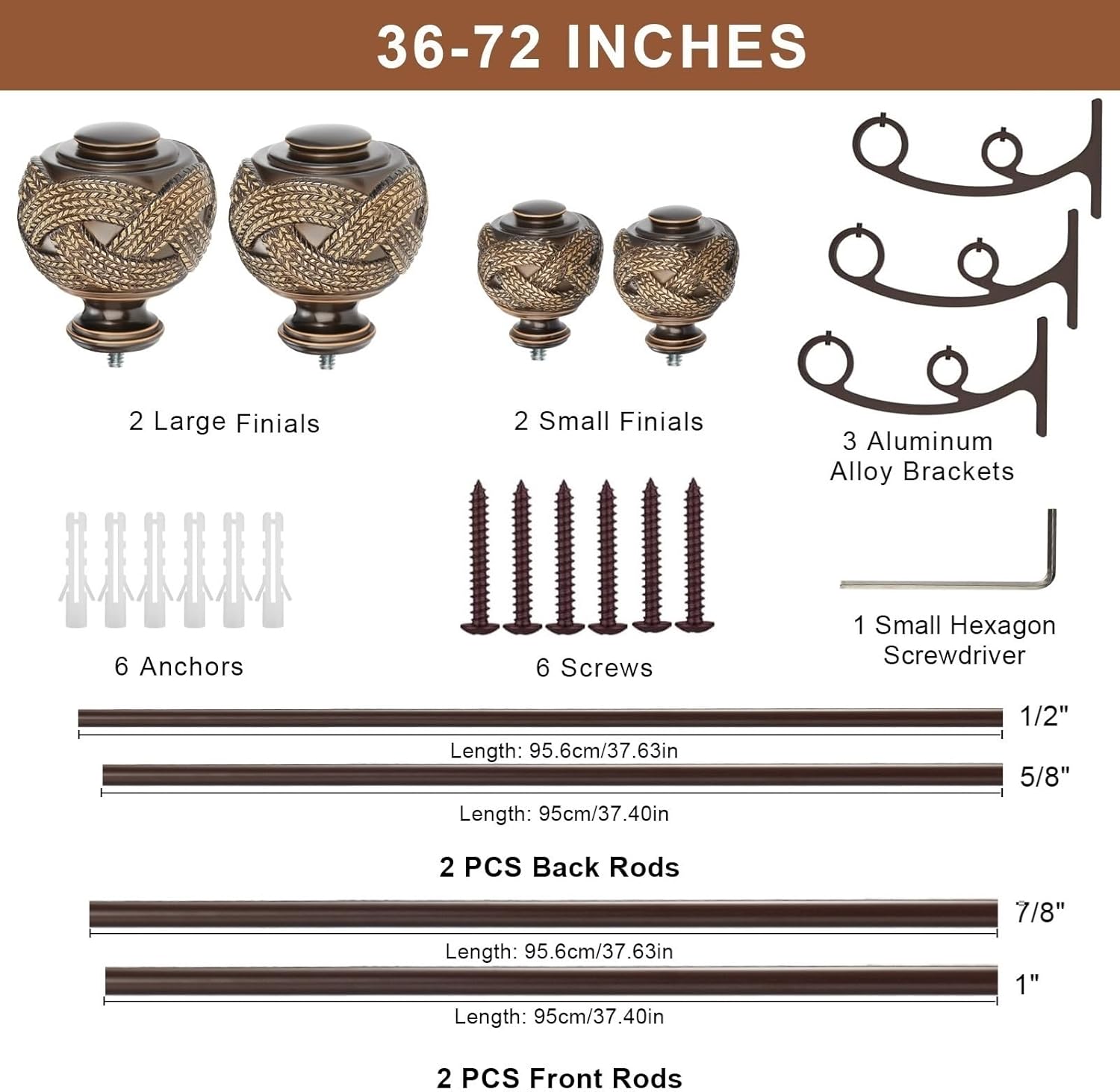 Double Curtain Rods for Window 36-72 Inch, Antique Bronze Double Curtain Drapery Rod with Classic Finials, Heavy Duty 1-Inch Front and 5/8 Inch Back Decorative Curtain Rod Double Window Rods