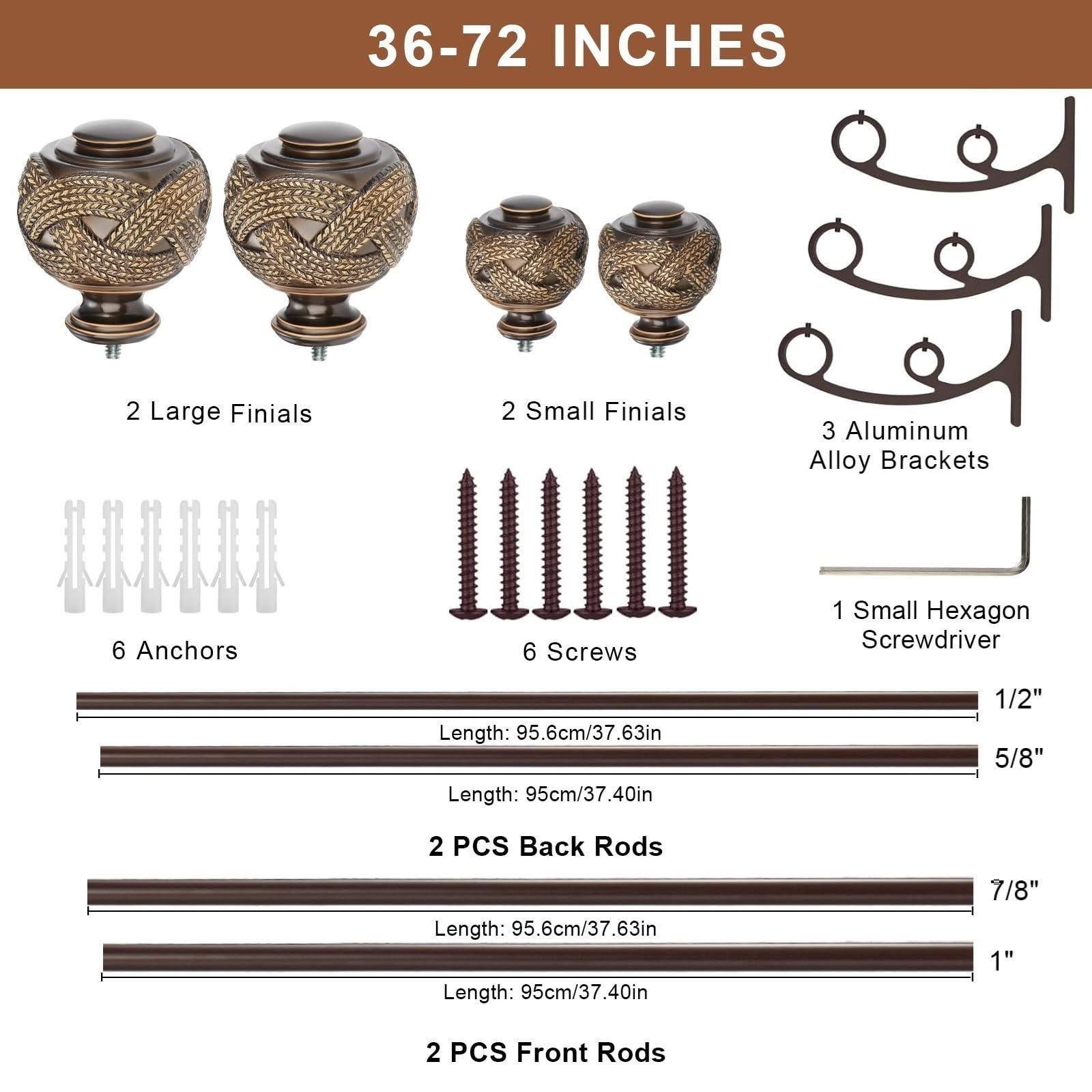 Bastone per tende doppie per finestre 91-182 cm, bronzo antico doppio bastone per tende con terminali classici, resistente 2,5 cm anteriore e posteriore 1,5 cm bastone decorativo per tende doppie aste