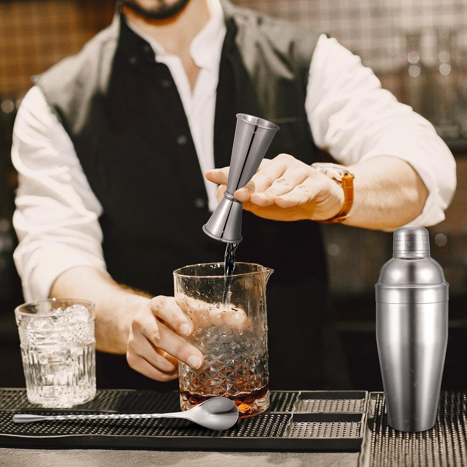 BARsics Shaker per cocktail da bar in acciaio inox da 680,4 g, misurino da 28,3 g/56,7 g e cucchiaio da 20,3 cm