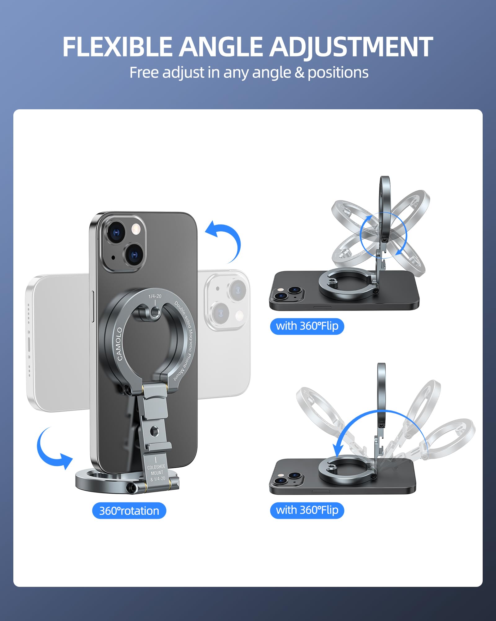 Supporto magnetico a doppio anello per telefono, supporto magnetico da palestra, supporto per telefono treppiede con vite da 1/4" compatibile con iPhone 16/15/14/13/12 Pro Max Series e custodie
