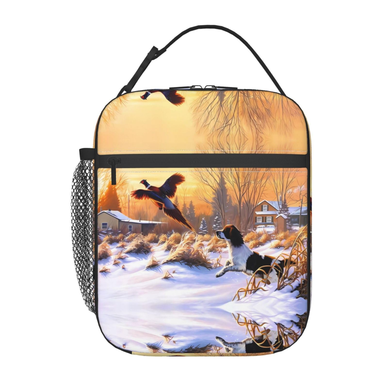 YzgWjBhd Dog Catching Pheasant Print Insulated Lunch Tote Bag for Women Men, Funny Reusable Portable Lunch Box for Work Office Picnic Hiking Travel