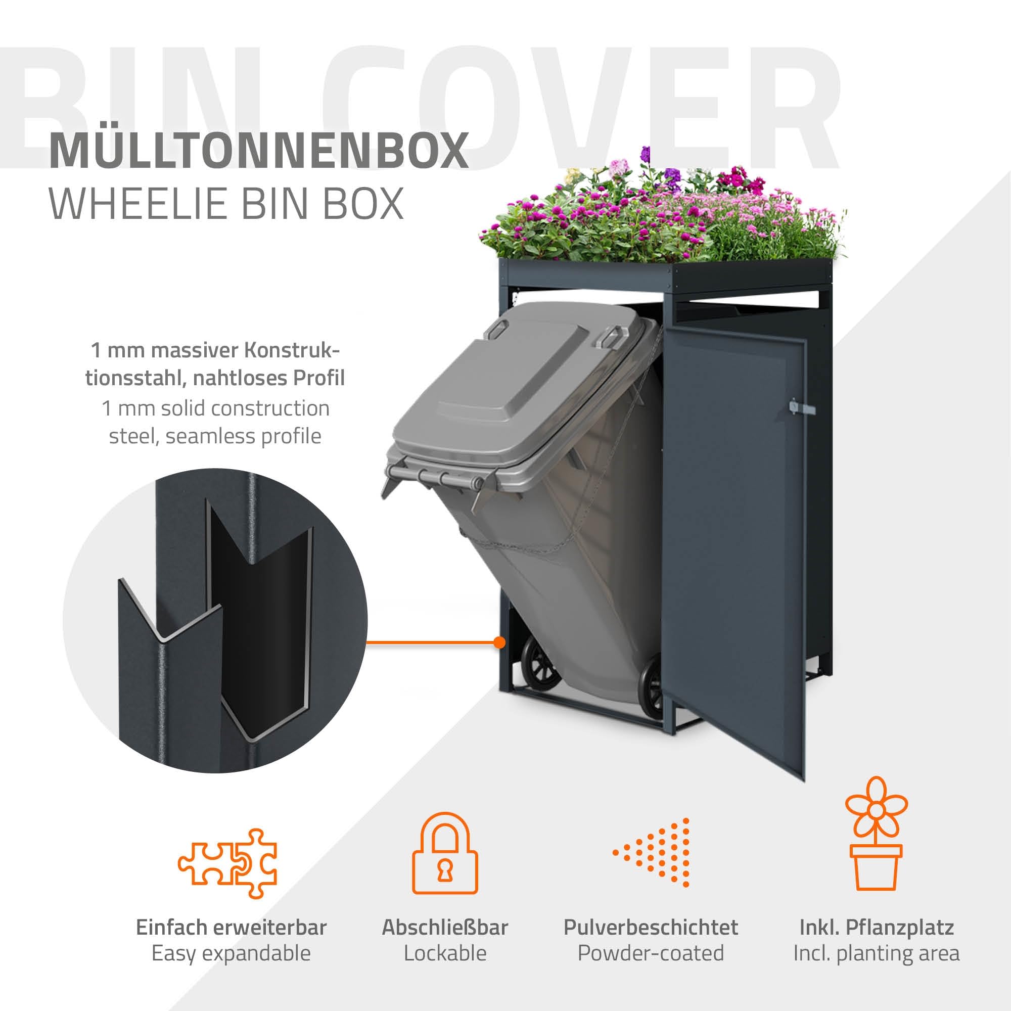ML-Design Box pour 1 Poubelle avec Toit Végétal, jusqu'à 240L, 68x80x124 cm, en Acier, Anthracite/Aspect Mélèze, Résistant aux Intempéries, Habillage de Poubelle Verrouillable, Conteneur Abri Hangar