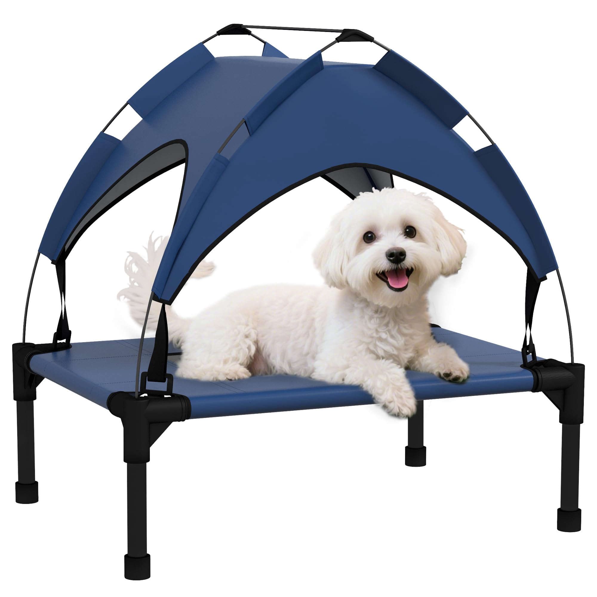 PawHut Cooling Raised Dog Bed, Elevated Pet Bed with Breathable Mesh, UV Protection Canopy, Foot Pads, for Indoor Outdoor, Mini, Small Dog, 61 x 46 x 63cm - Dark Blue