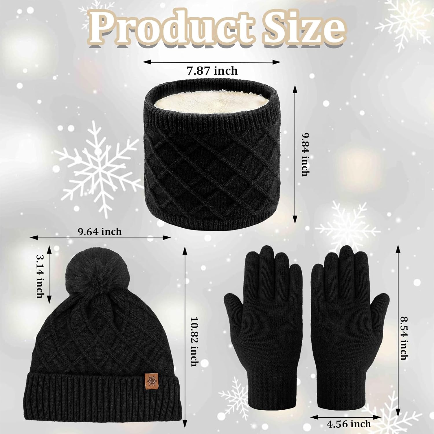 Hat Gloves Scarf Set Women, Winter Beanie with Pom Pom Warm Gloves Neck Warmers 3 in 1 Set - Image 3