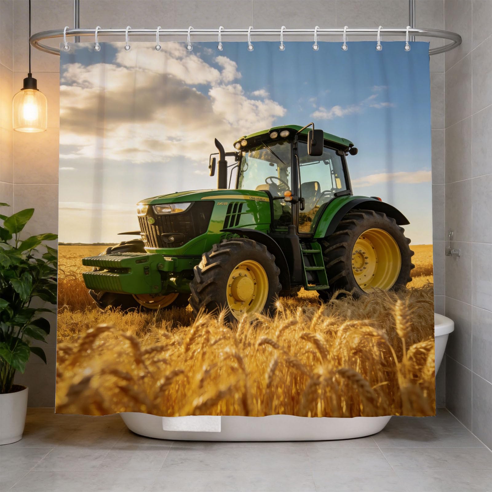 Hongduo White 3D Tractor Shower Curtain For Stalls Bathtubs Wheat Field Landscape Bathroom Decor Shower Curtain Set Polyester Fabric Waterproof 180X180cm/71X71 Inch With Hooks