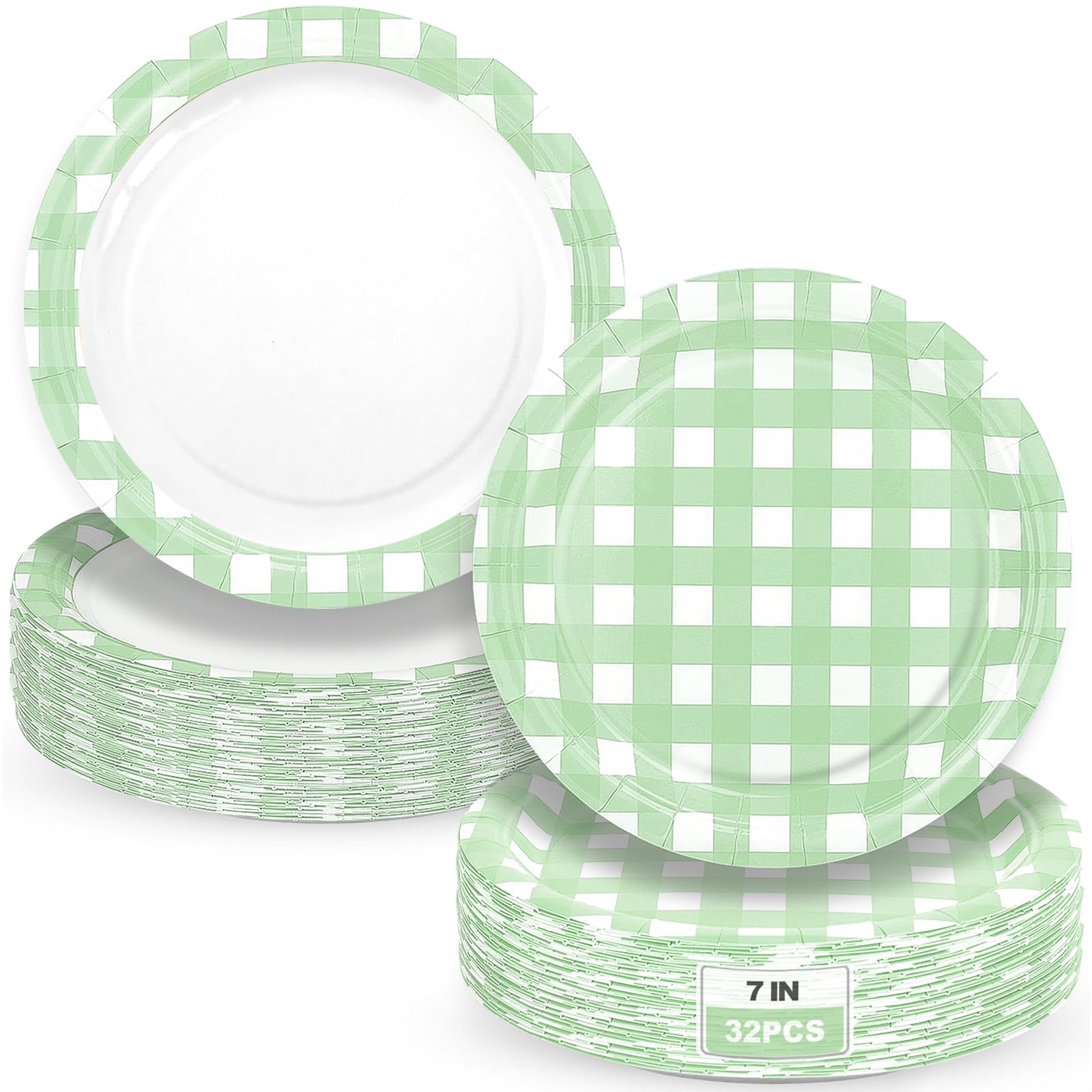 32 Pieces Green Gingham Party Plates — 7 Inches Checkered Plaid Dessert Plates Disposable Green and White Paper Plate - For Picnic BBQ Birthday Dinner Party Supplies