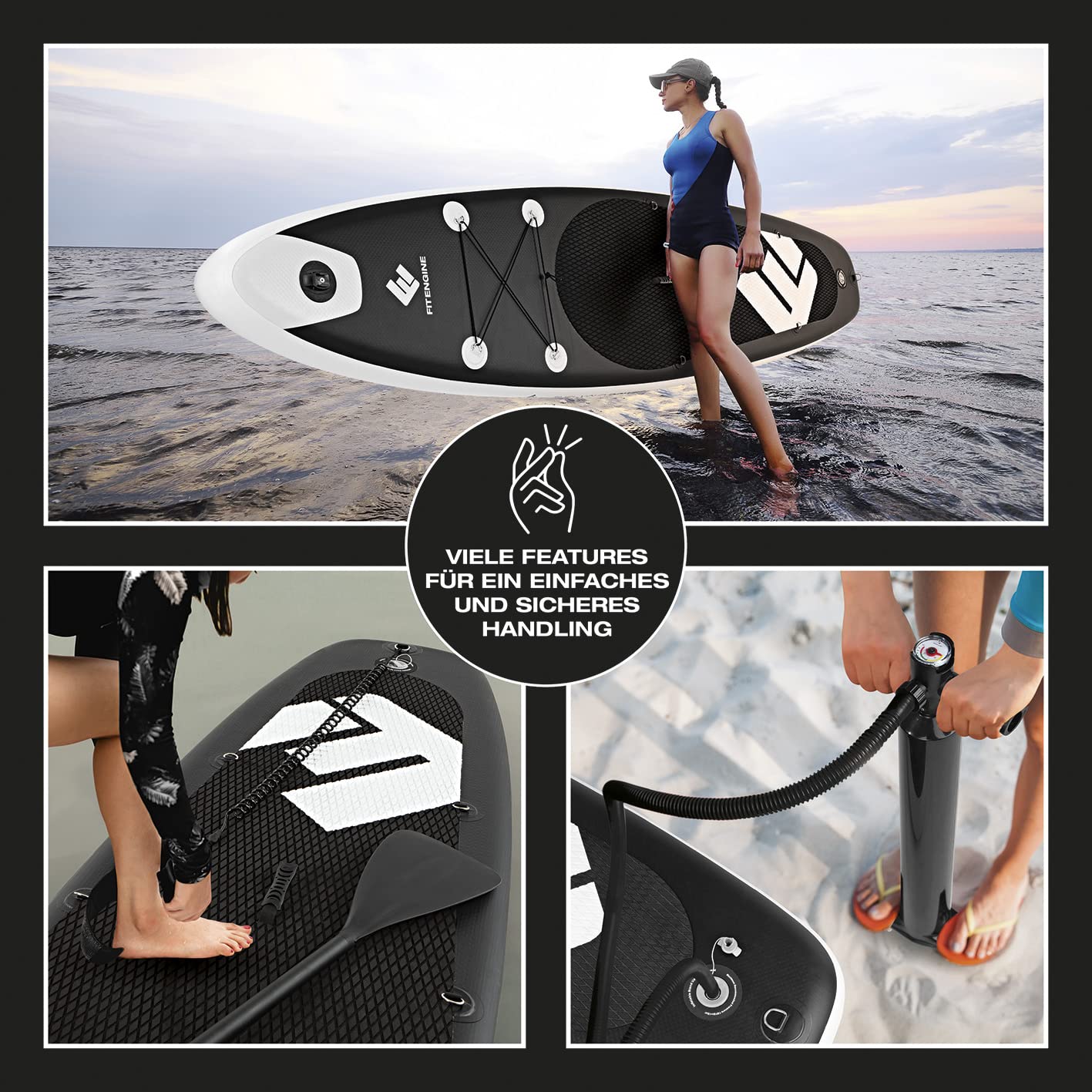 FitEngine SUP Allrounder/Racer/Junior 8' - 12'' | Umfangreiches Stand-up-Paddle-Board Set inkl. Drybag, Handyhülle und Co. | Drop-Stitch Qualität von der starken SUP Marke
