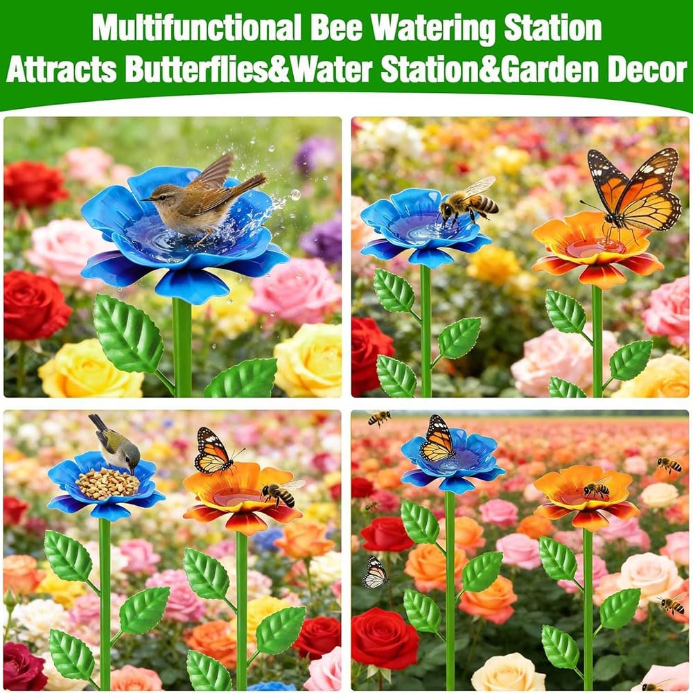 Confezione da 4 picchetti in metallo per mangiatoia d'acqua, decorazione da giardino per esterni, margherite colorate per api, farfalle, uccelli, prato e patio