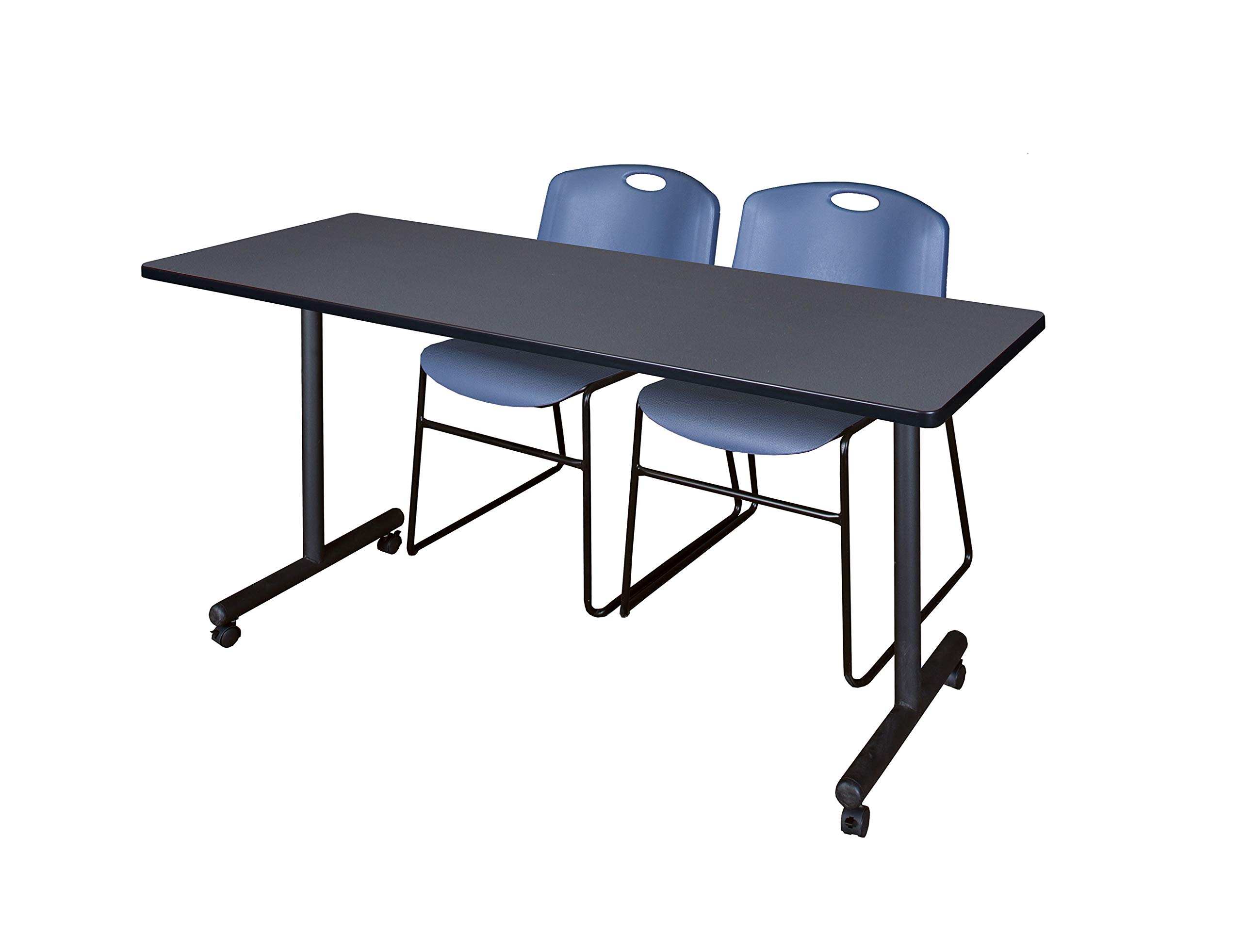 Regency Kobe 66 x 24 in. Mobile T-Base Training Table- Grey, 2 Zeng Stack Chairs- Blue