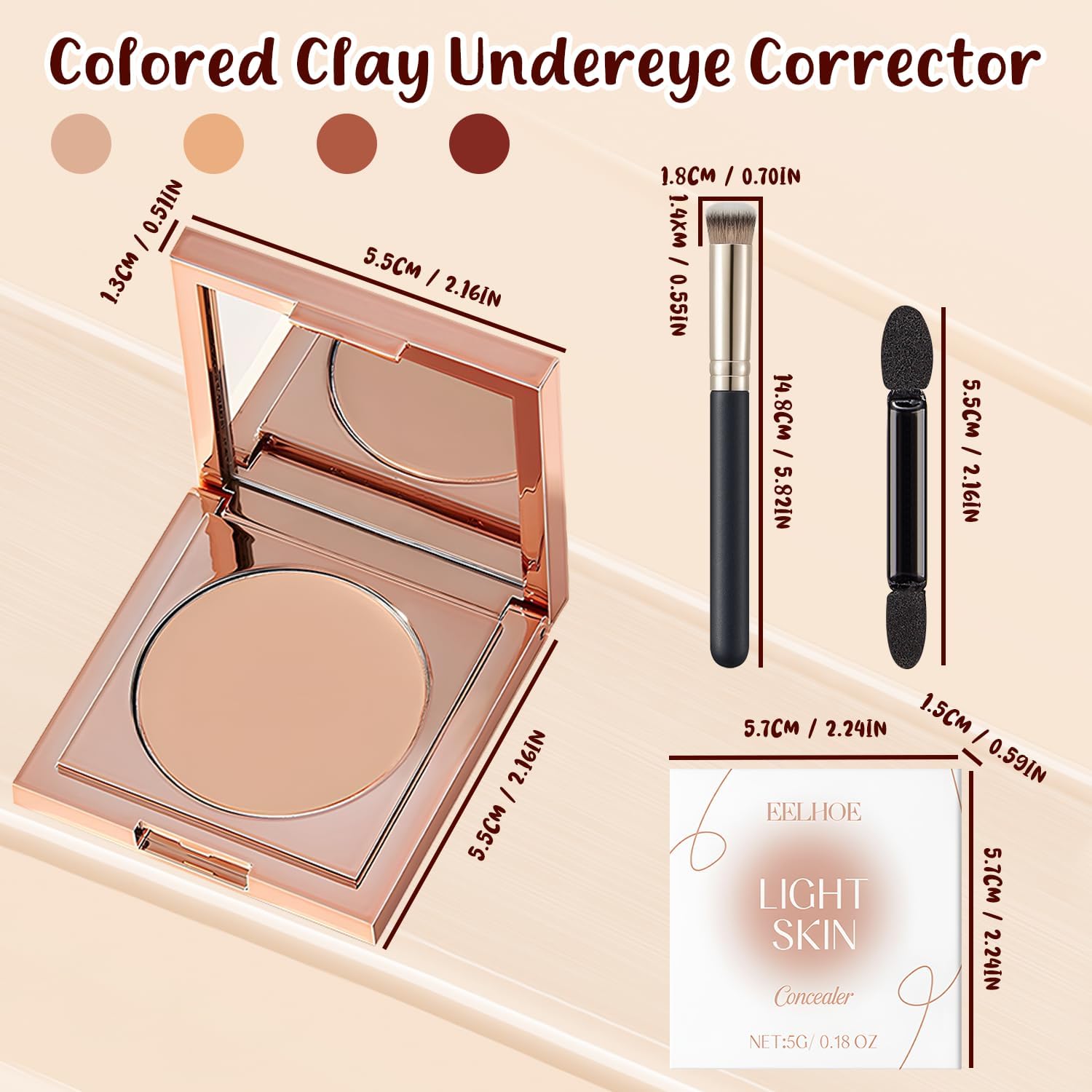 TRWLCFF Colored Clay CC Undereye Corrector - Color Corrector for Dark Circles with Brush, 4 Shades Hydrating Brightening Concealer for Dark Circles, Men & Women (Light-Medium Peach) - Image 3