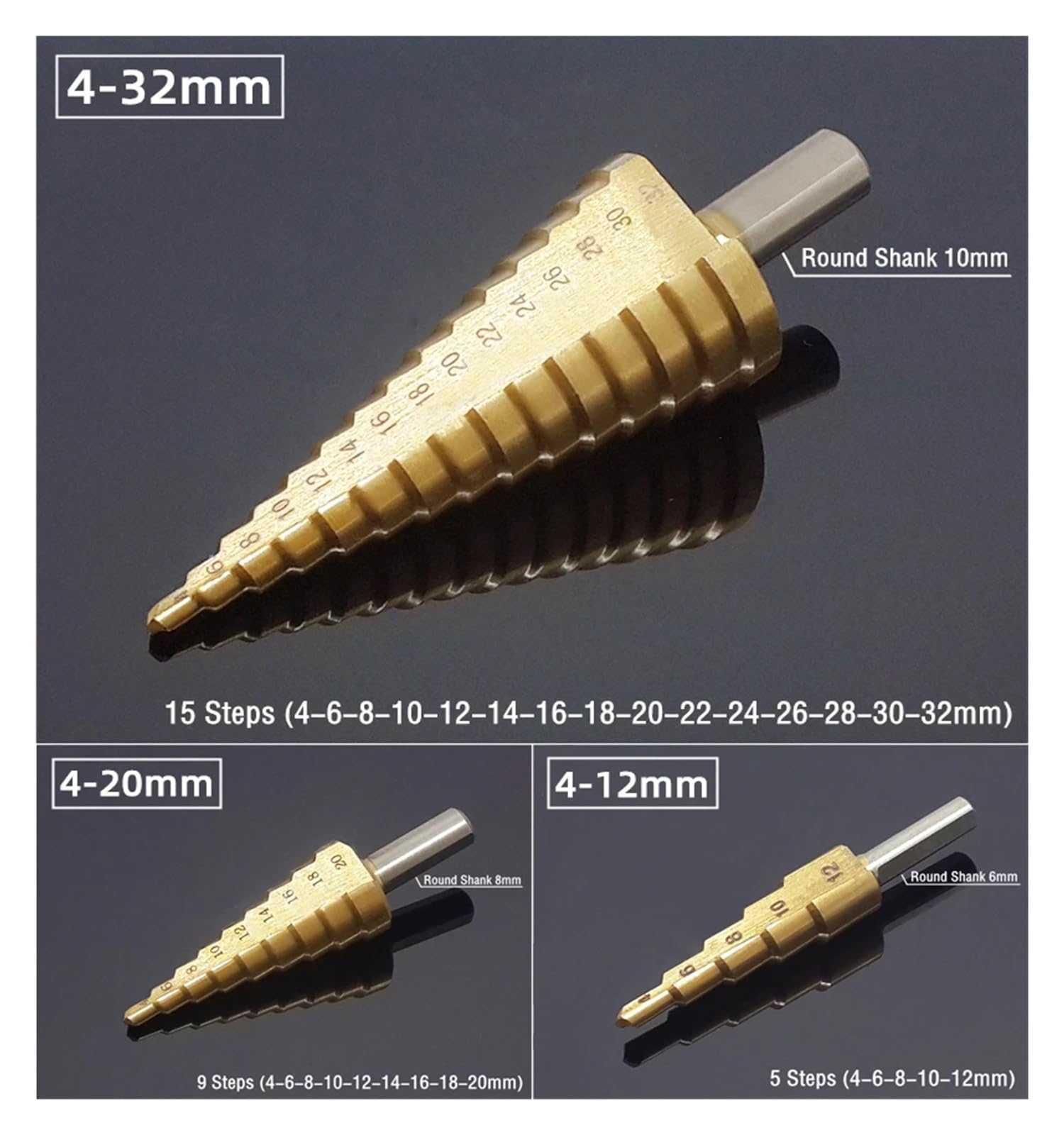 Brocas helicoidales de sierra escalonada recubiertas titanio 5 piezas | Juego de brocas multiusos for trabajos diarios de perforación en metal y madera.(E3)