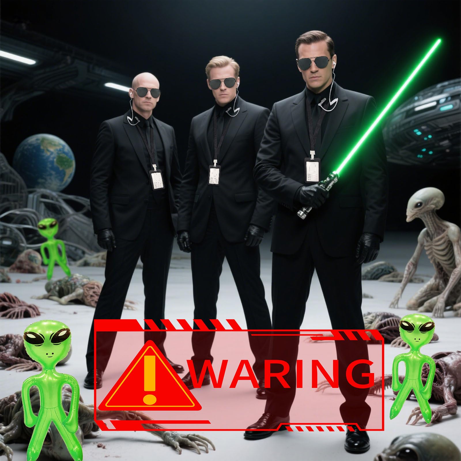 EUPSIIU 12 Pack Secret Agent Costume Accessories Set Spy Costume Accessories with Sunglasses Tie Inflatable Props Green Aliens Card Holder Fake Earpiece ID Card Prop for Halloween Party Props (Black) - Image 3
